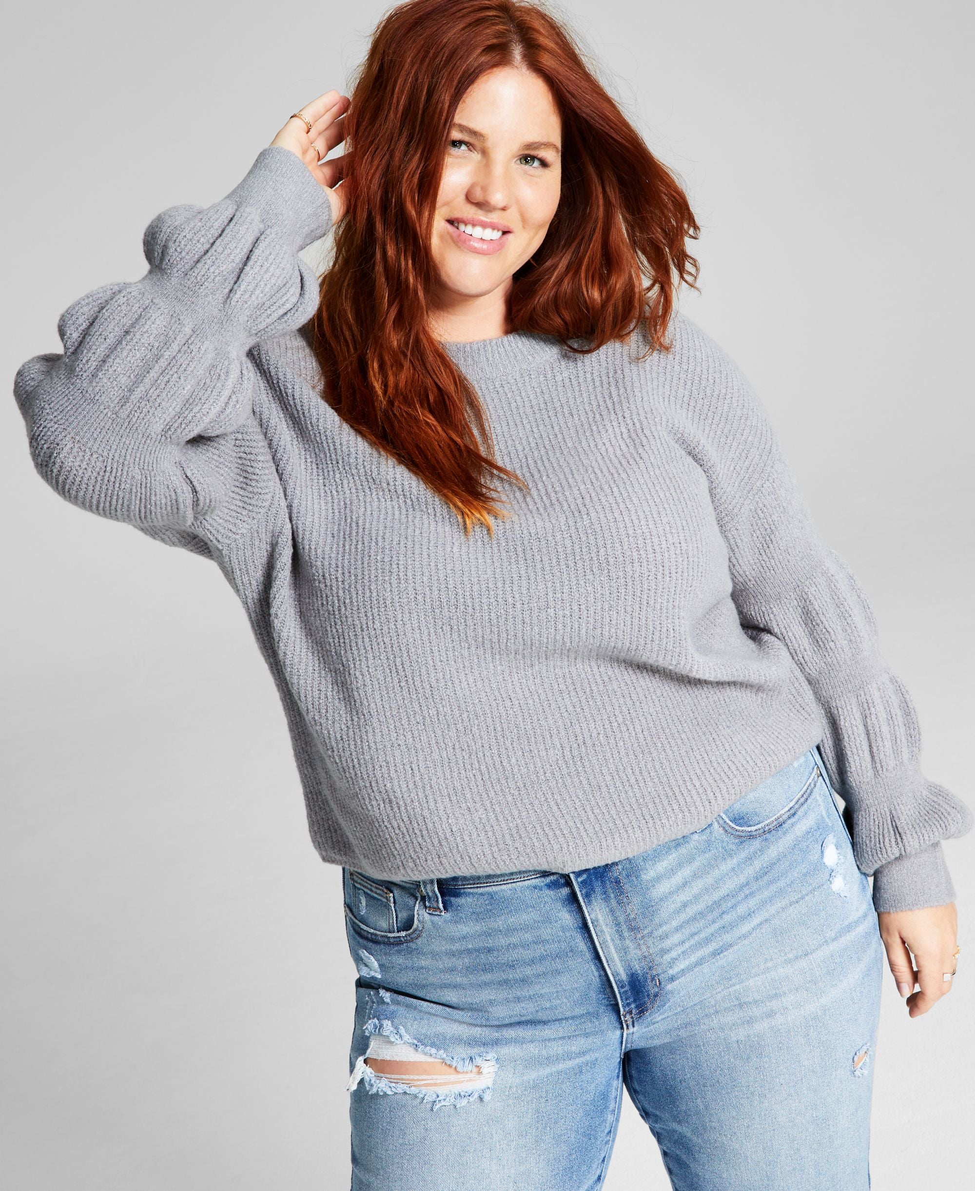 Trendy Plus Size Puff-Sleeve-Detail Sweater