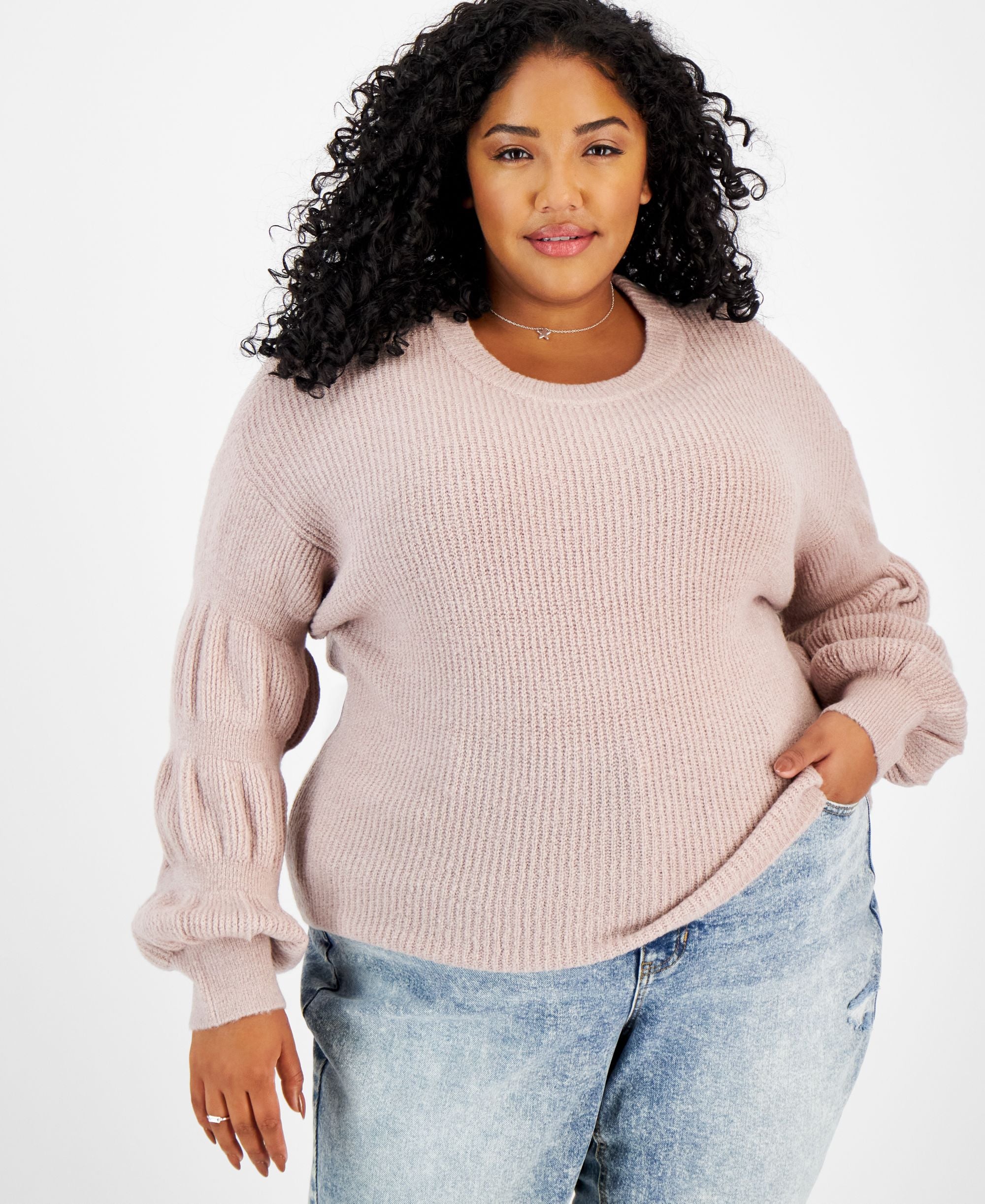 Trendy Plus Size Puff-Sleeve-Detail Sweater