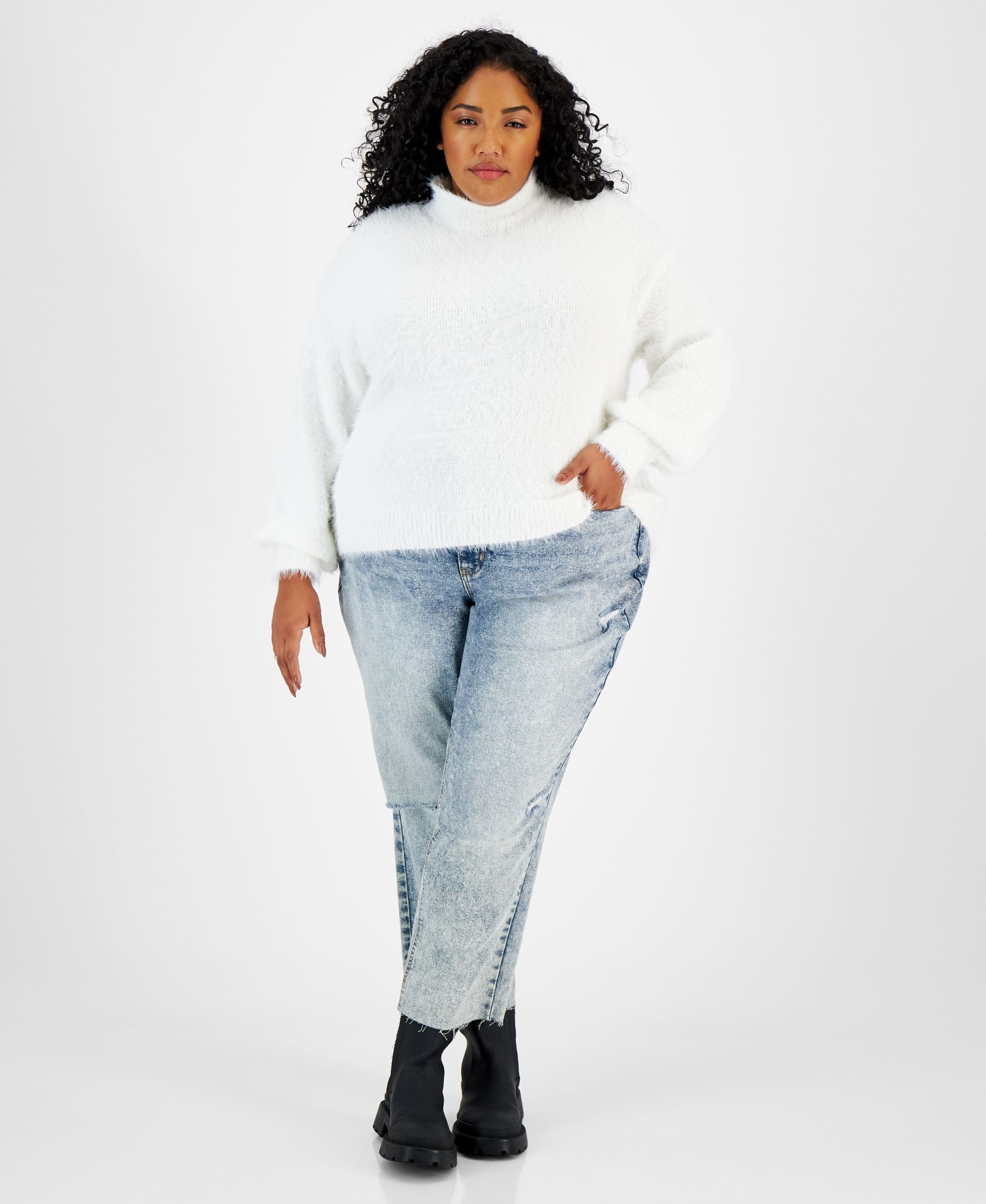 Trendy Plus Size Funnel-Neck Eyelash Sweater