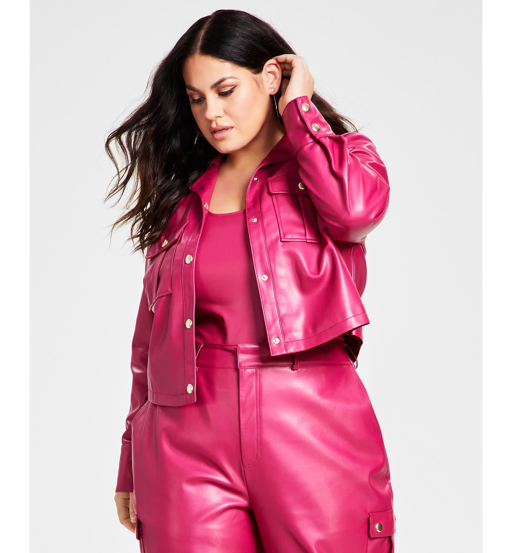 Plus Size Pleather Chest-Pocket Utility Jacket