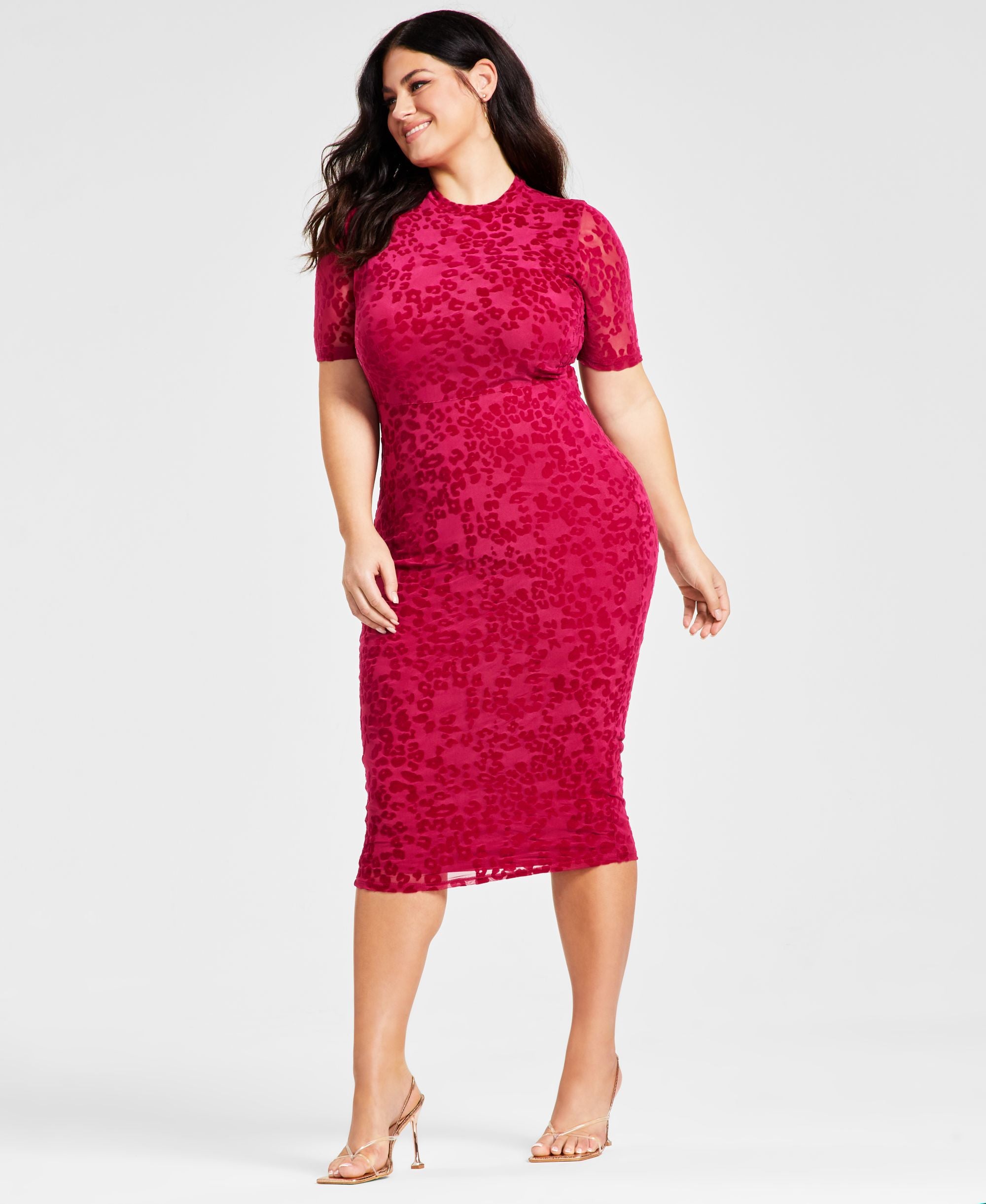 Plus Size Sheer Leopard-Print Flocked-Velvet Midi Dress