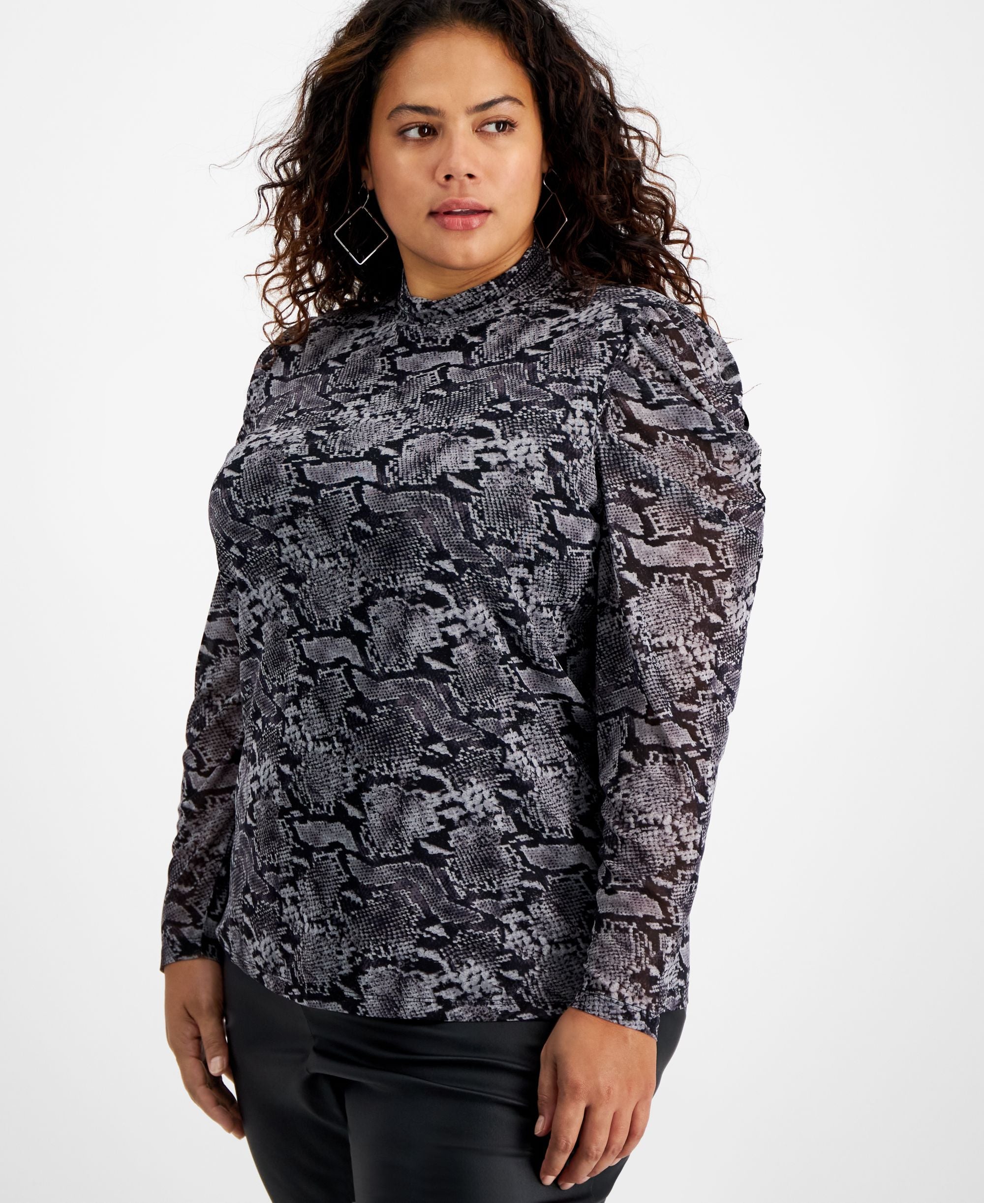 Bar III Plus Size Draped Sleeve Animal Print Mesh Top