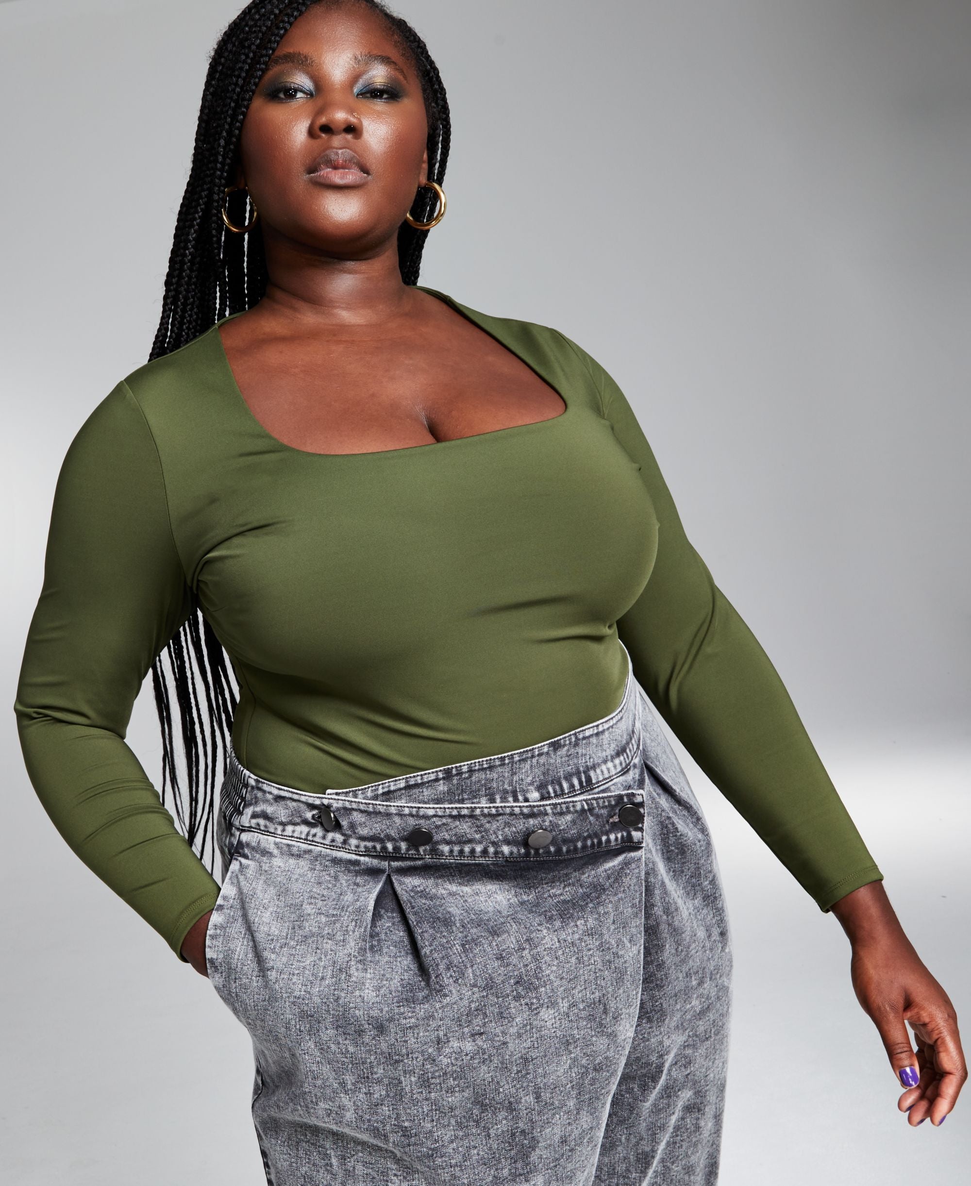 Googoo Atkins Trendy Plus Size Square Neckline Long Sleeve Bodysuit