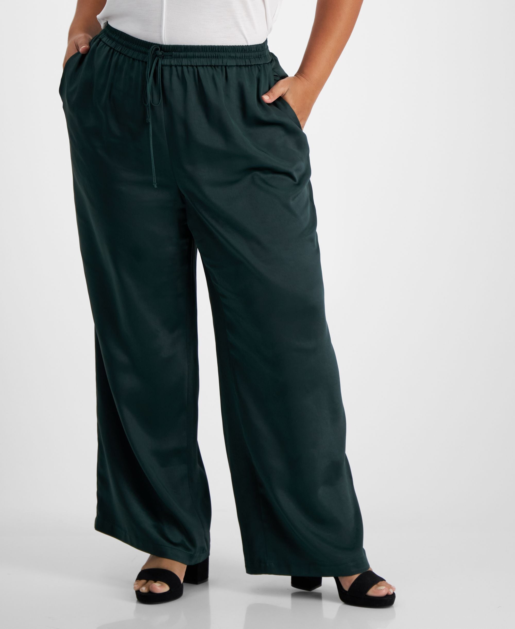 Bar III Plus Size Washed Satin Pull On Wide Leg Pants