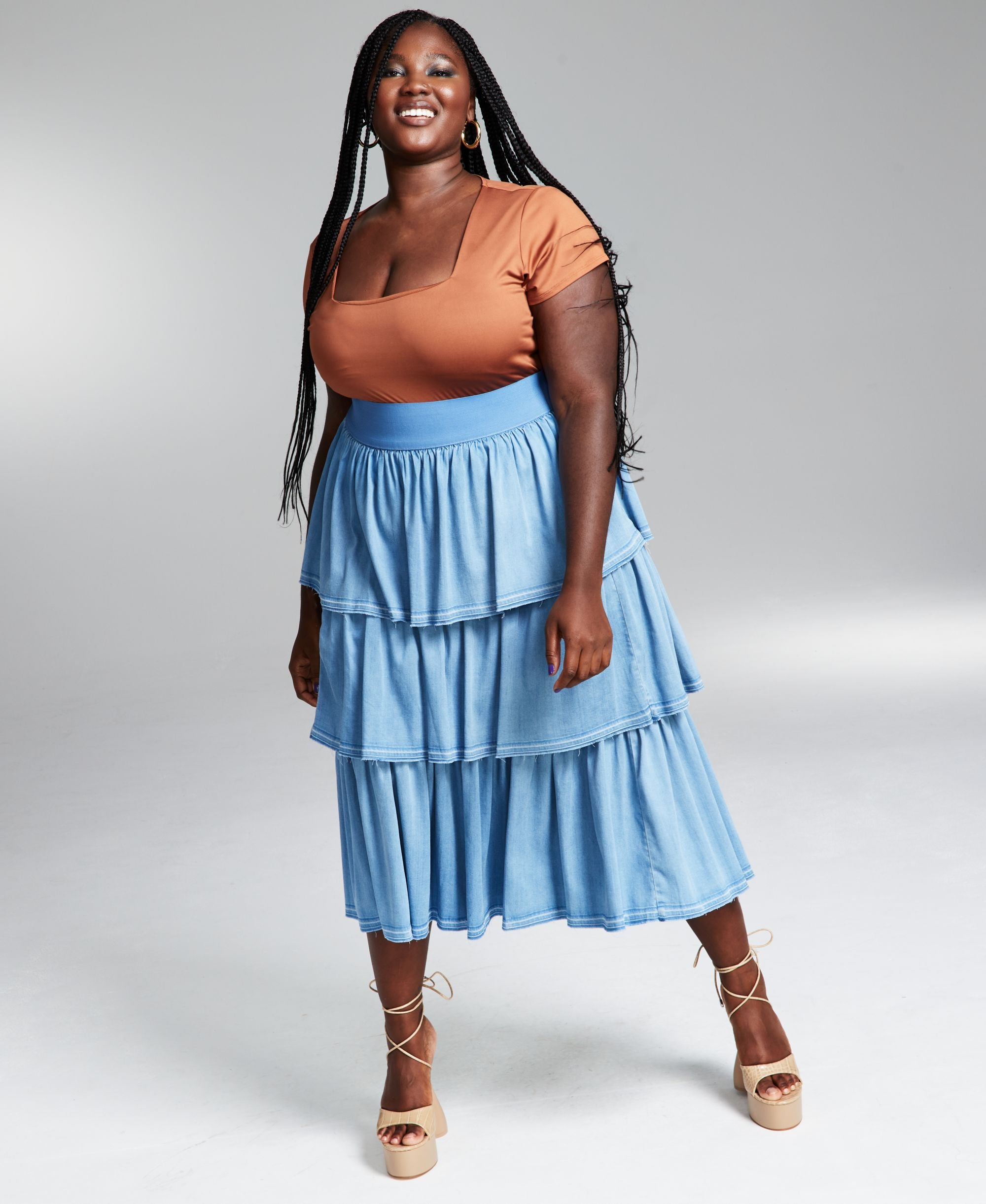 GooGoo Atkins Trendy Plus Size Tiered Chambray Ruffle Maxi Skirt