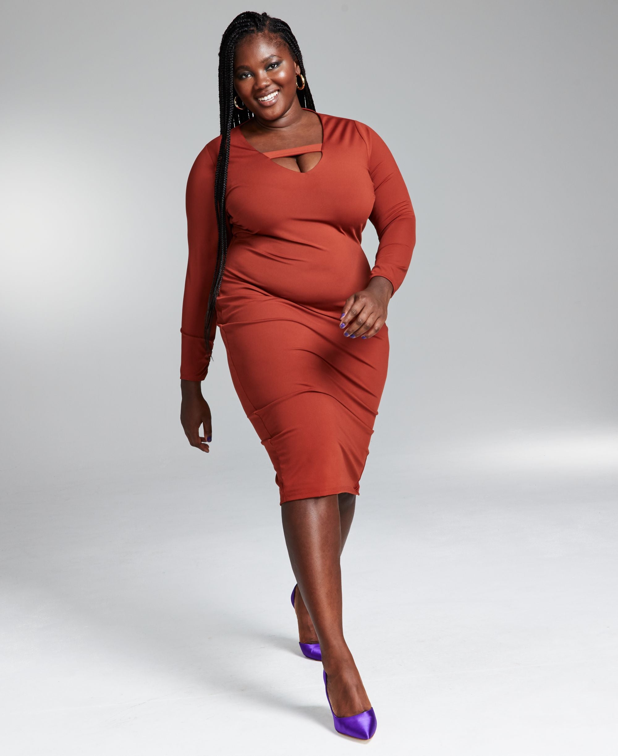 Googoo Atkins Trendy Plus Size Bodycon Long Sleeve Peekaboo Midi Dress