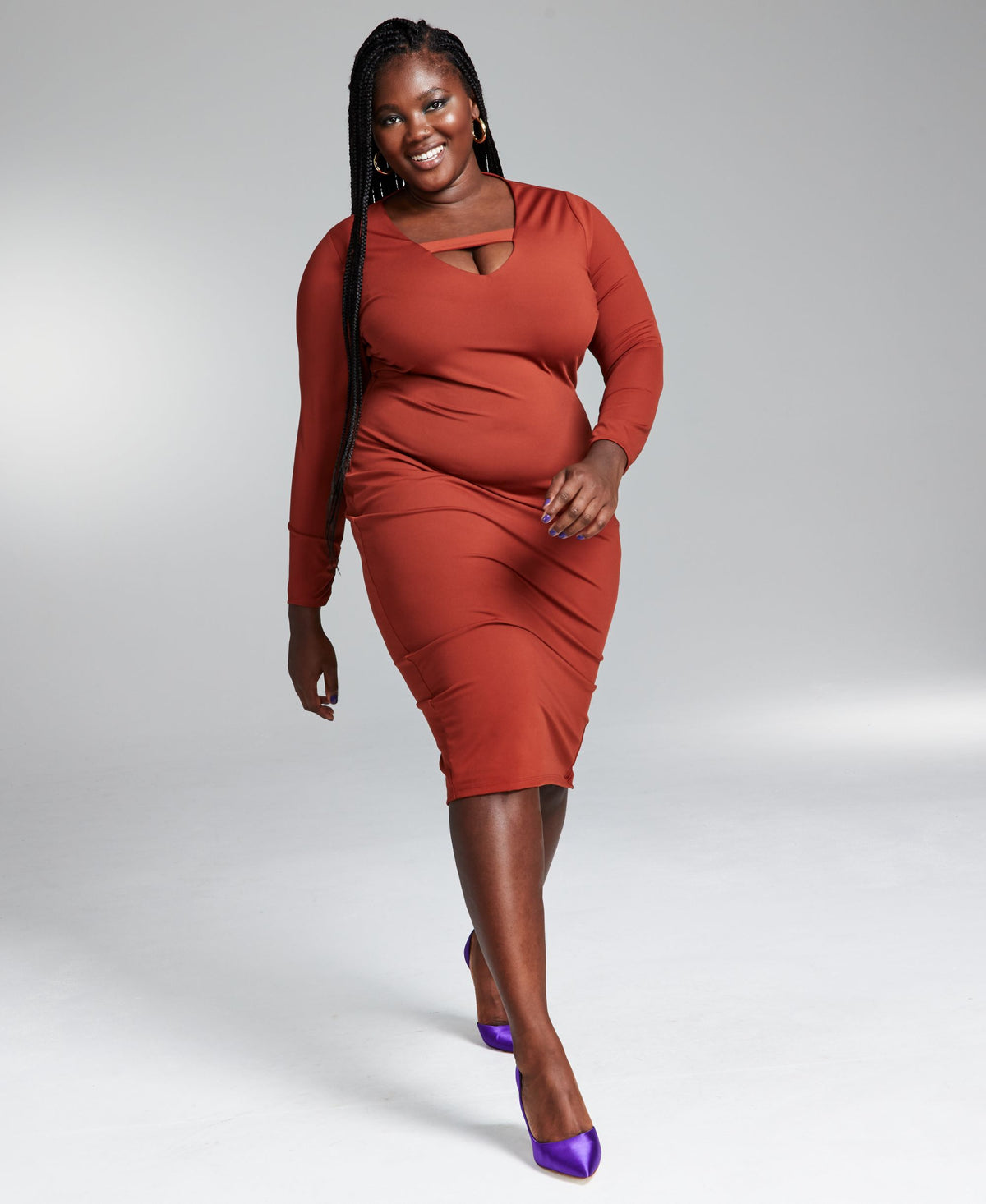 Googoo Atkins Trendy Plus Size Bodycon Long Sleeve Peekaboo Midi Dress