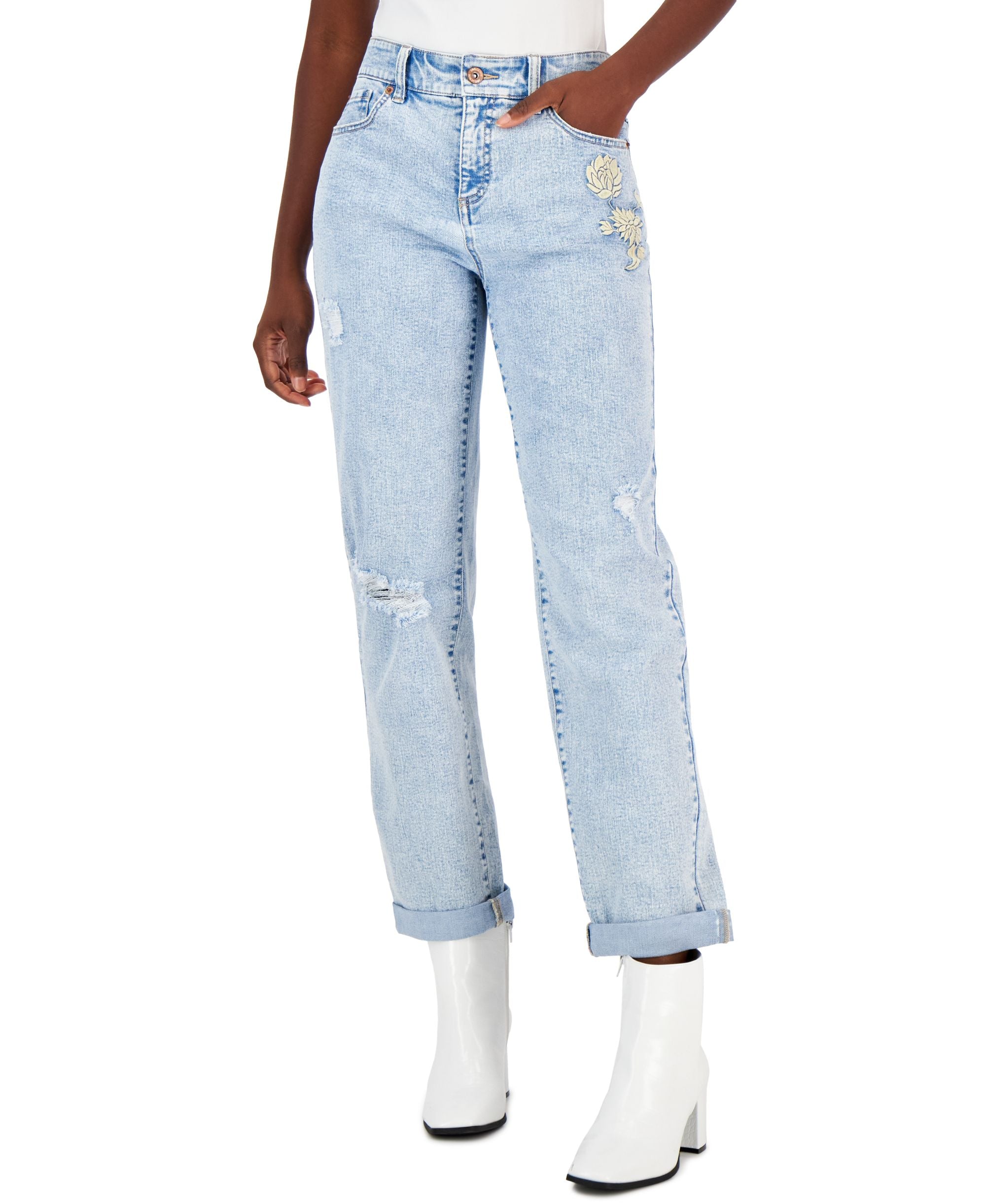 INC International Concepts Womens Mid Rise Embroidered Boyfriend Jeans