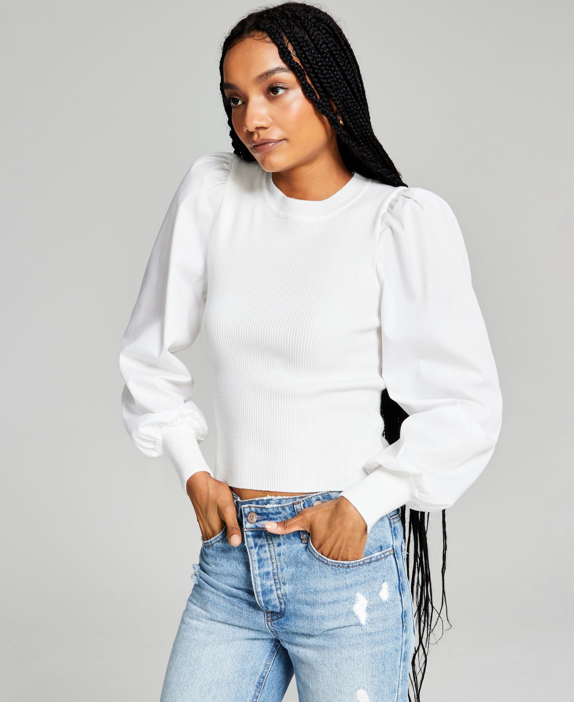 Now This Womens Mixed Media Puff Sleeve Top