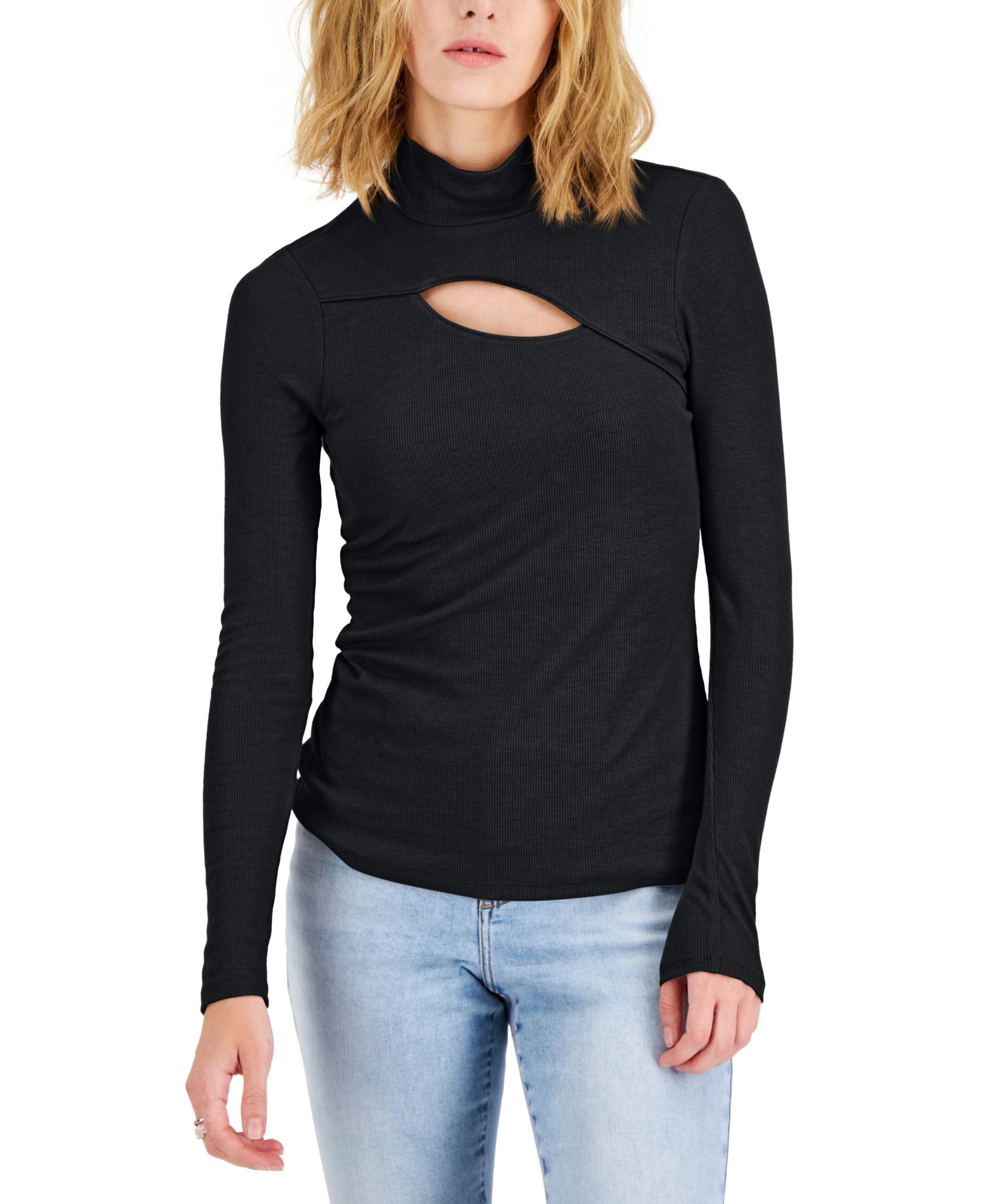 INC International Concepts Womens Ribbed Asymmetrical Cutout Long Sleeve Top
