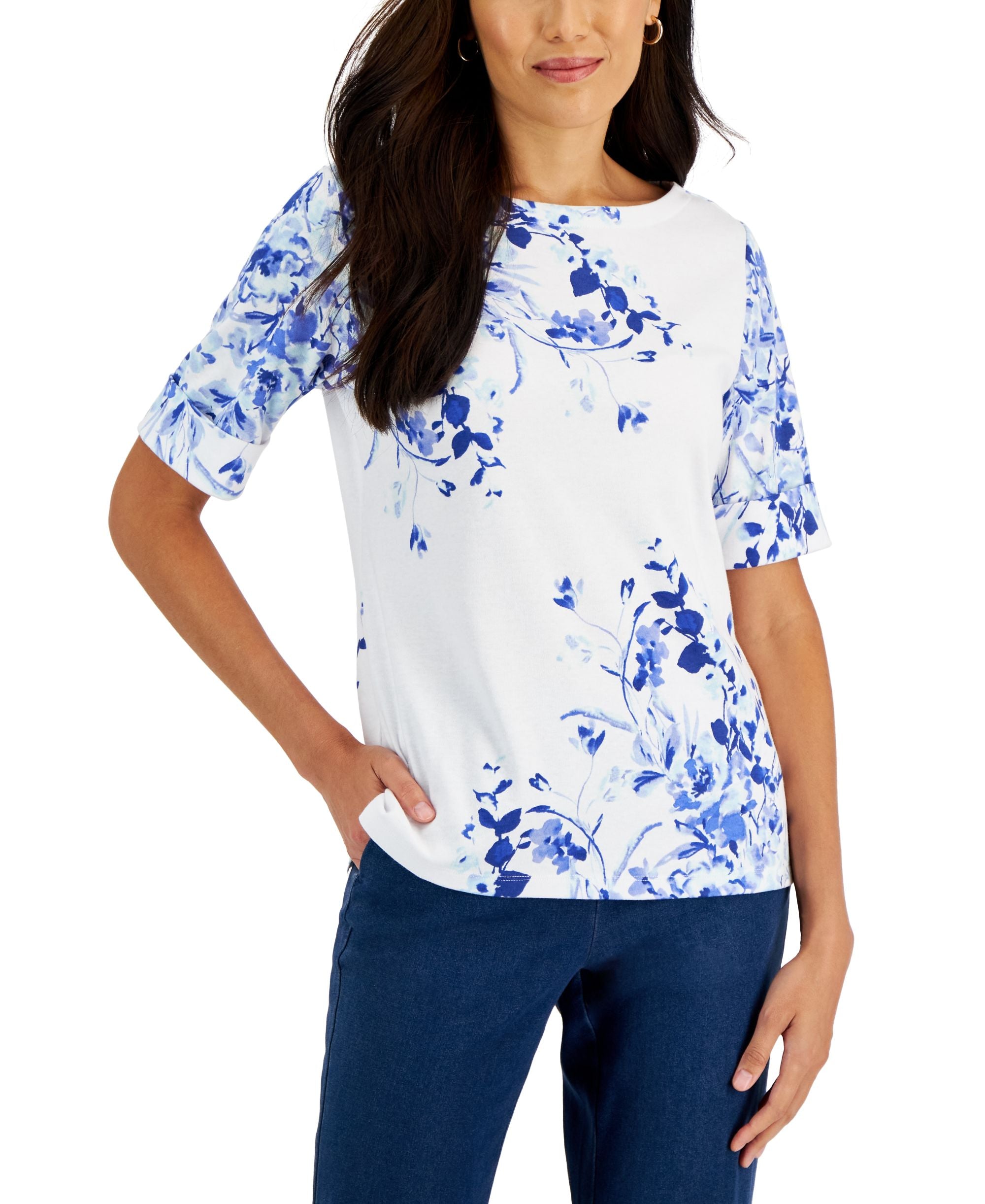 Women's Printed Elbow-Sleeve Boatneck Top