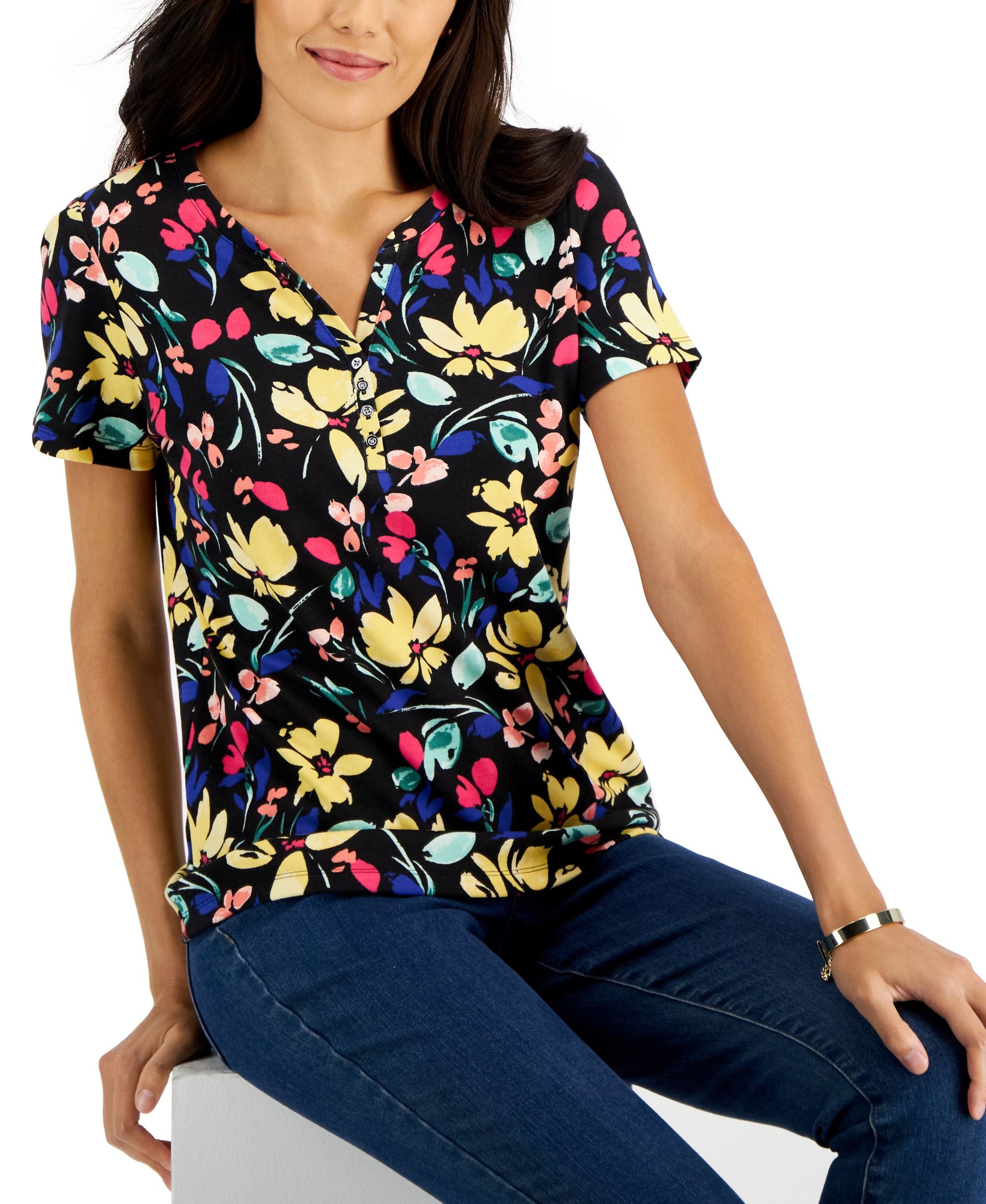 Women's Short-Sleeve Floral-Print Henley Top