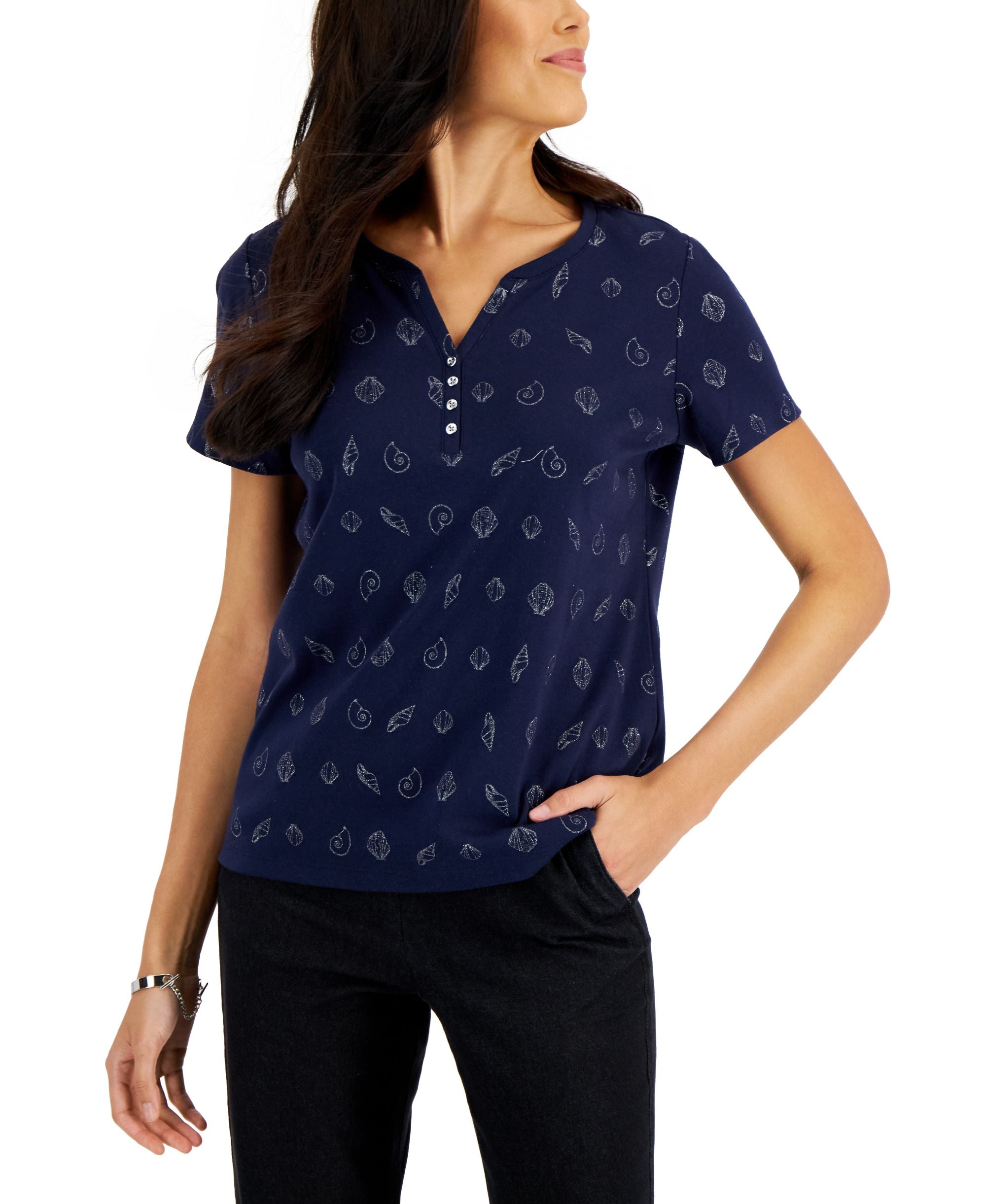 Karen Scott Womens Short Sleeve Shell Print Henley Top