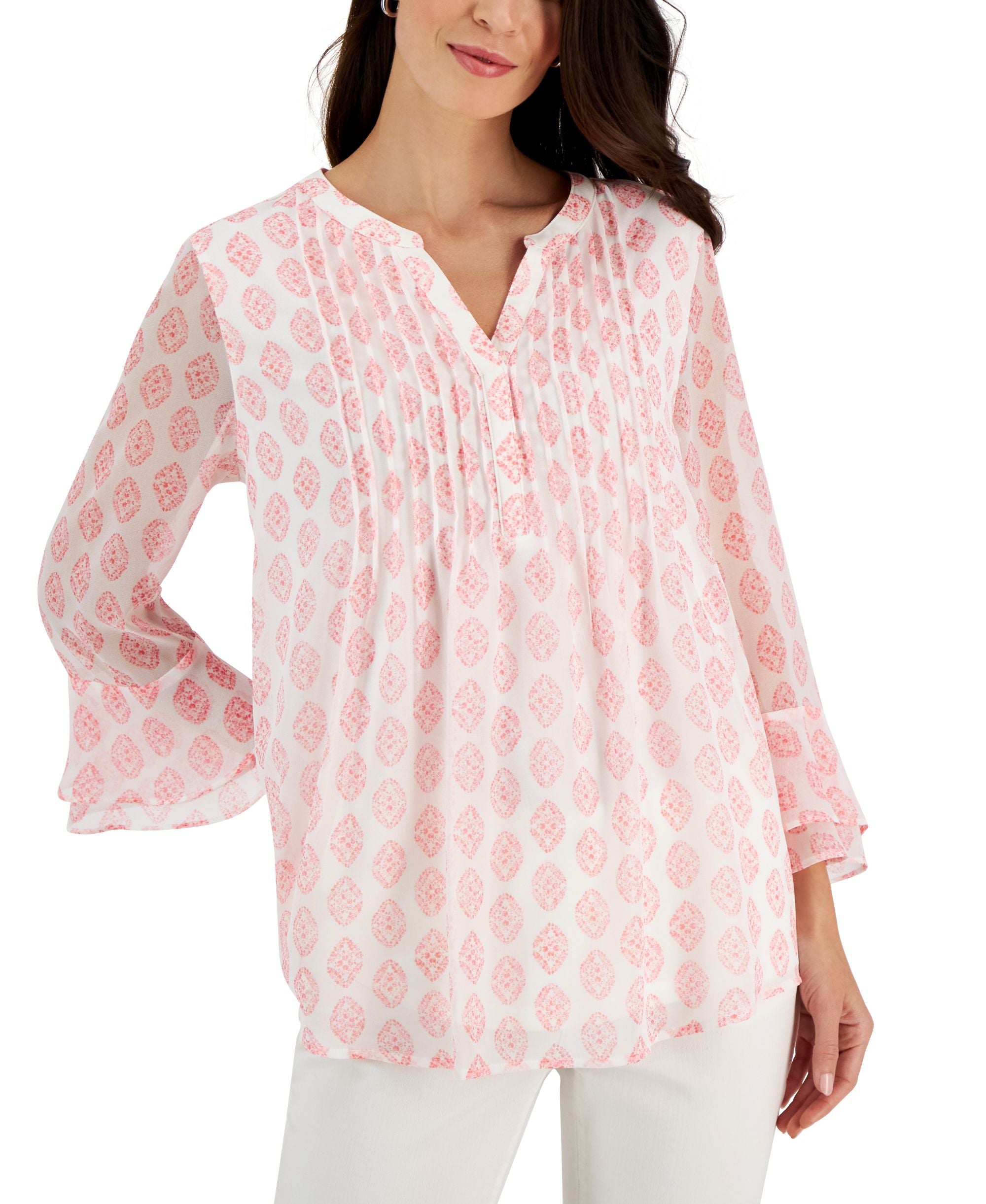 Charter Club Womens Medallion-Print Pintuck Top