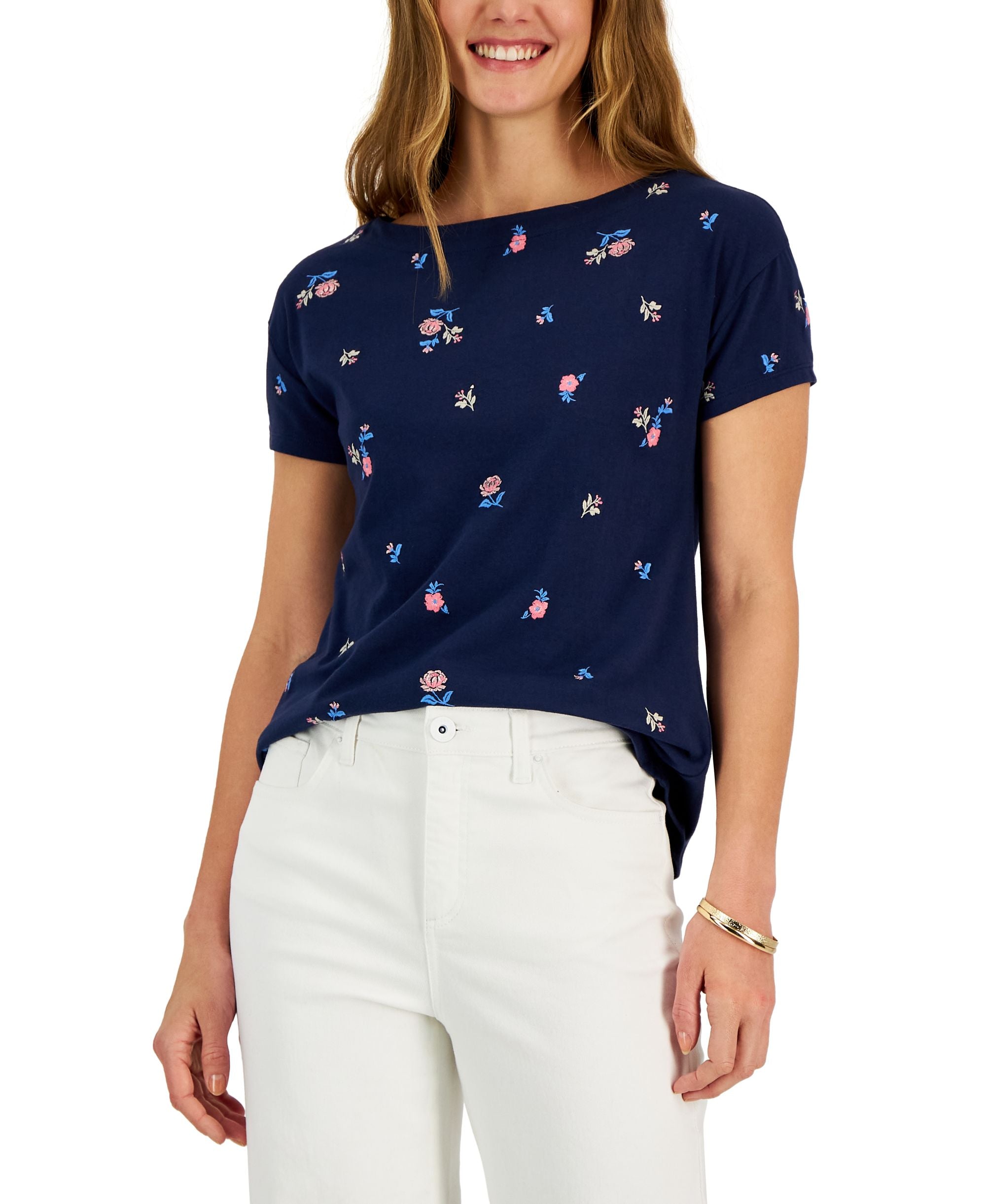 Charter Club Womens Floral Drop-Shoulder Top