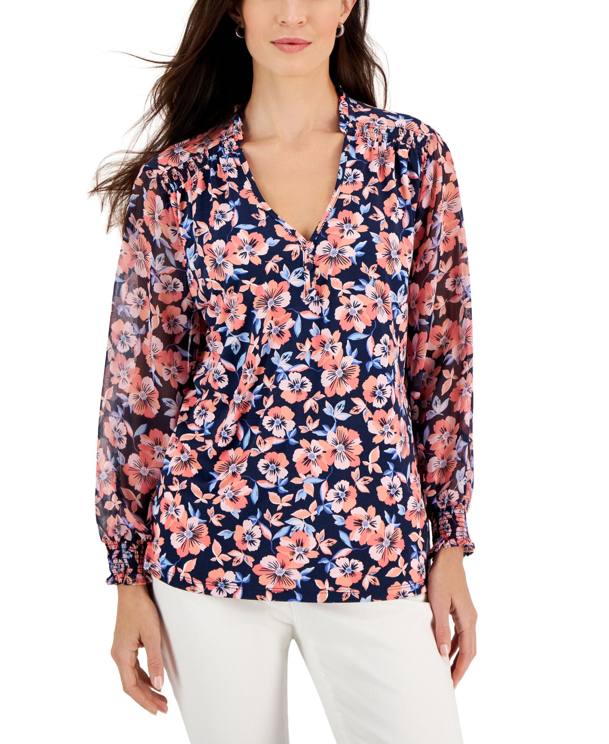 Petite Long-Sleeve Bloom Floral Smocked Top