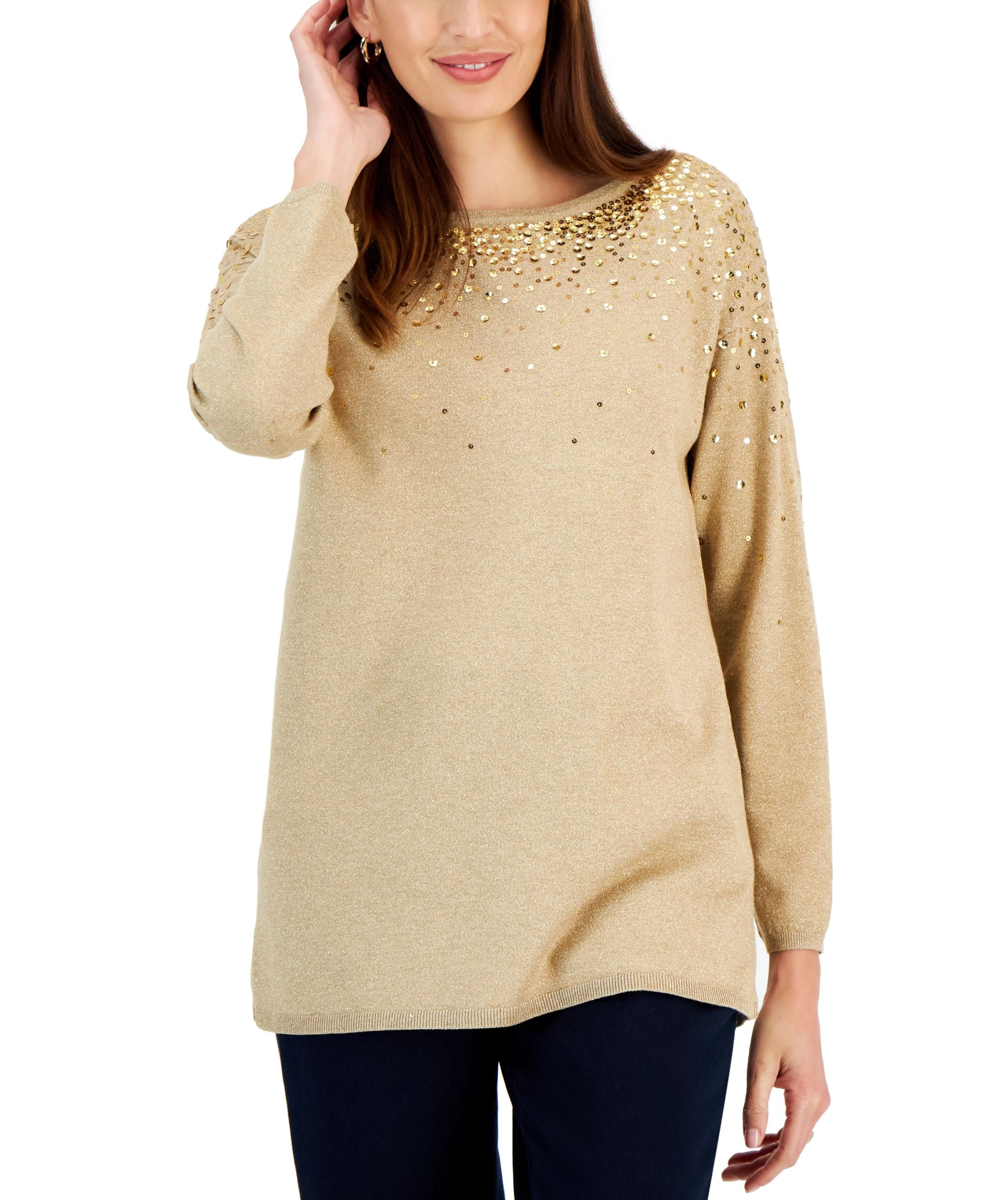 JM Collection Womens Sequined Pullover Boat Neck Sweater