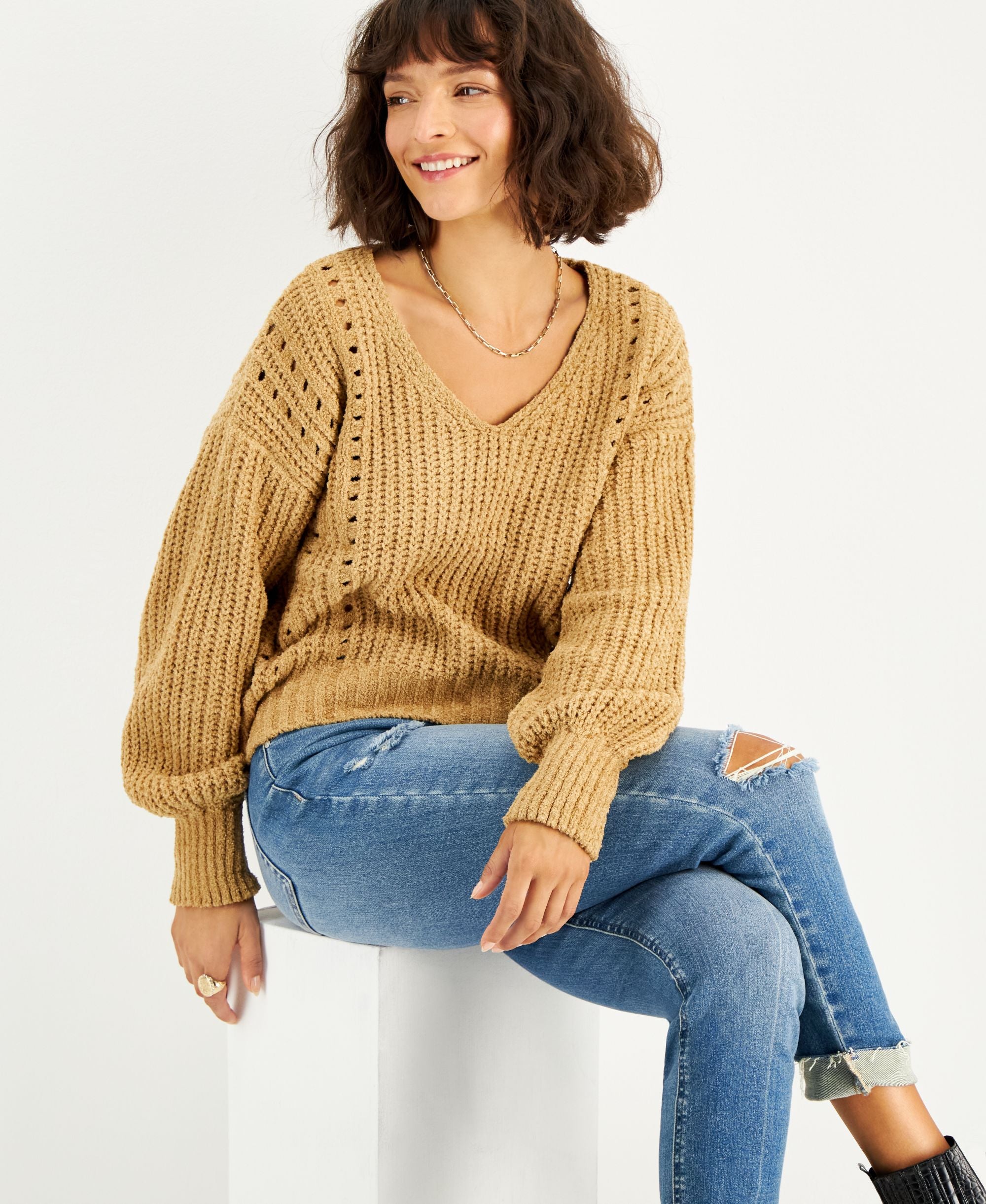 Juniors' Chenille Pointelle Sweater