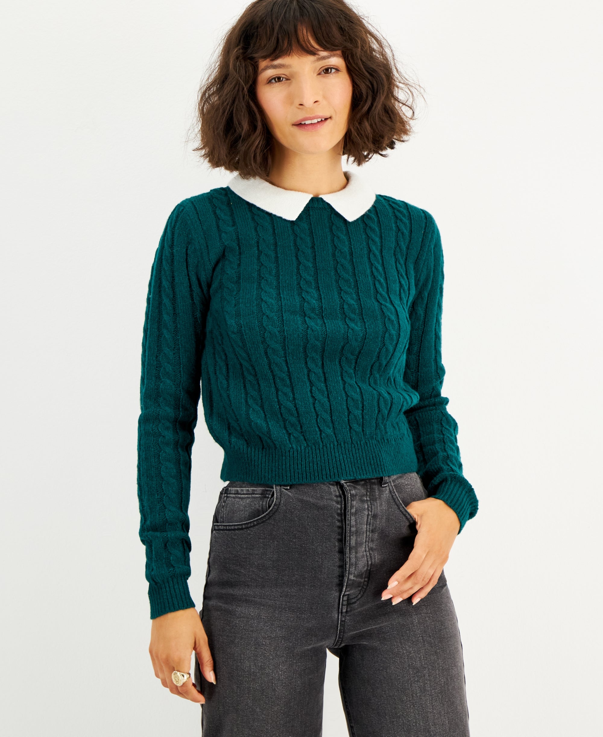 Juniors' Contrast Collar Cable-Knit Sweater