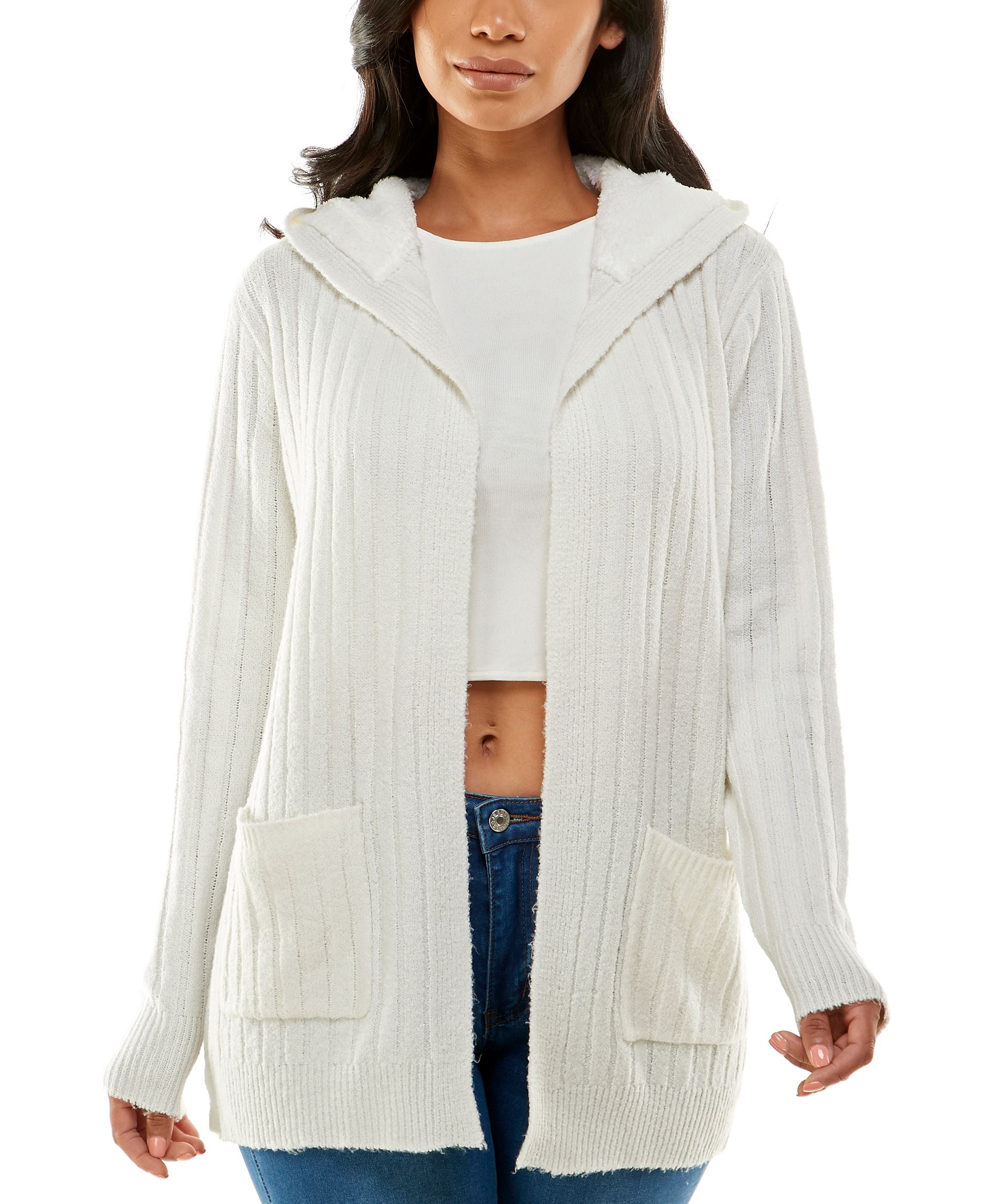 Juniors' Cozy Knit Sherpa Trim Cardigan