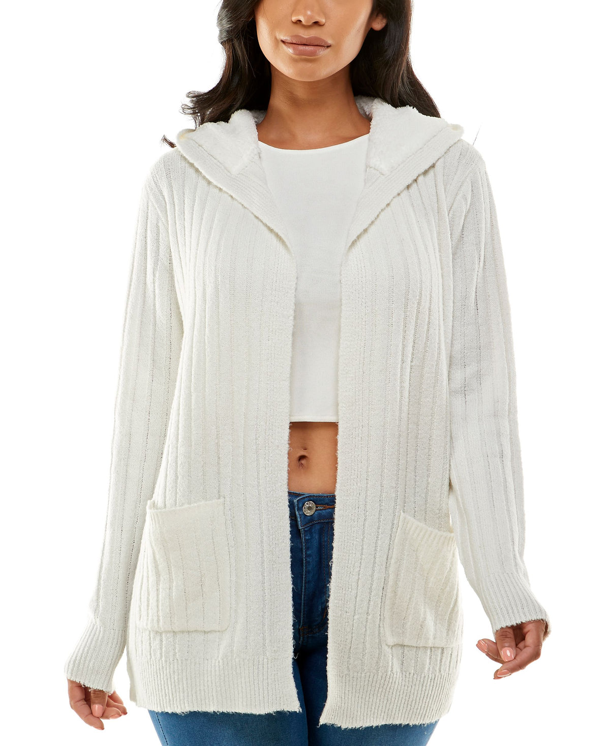 Juniors' Cozy Knit Sherpa Trim Cardigan