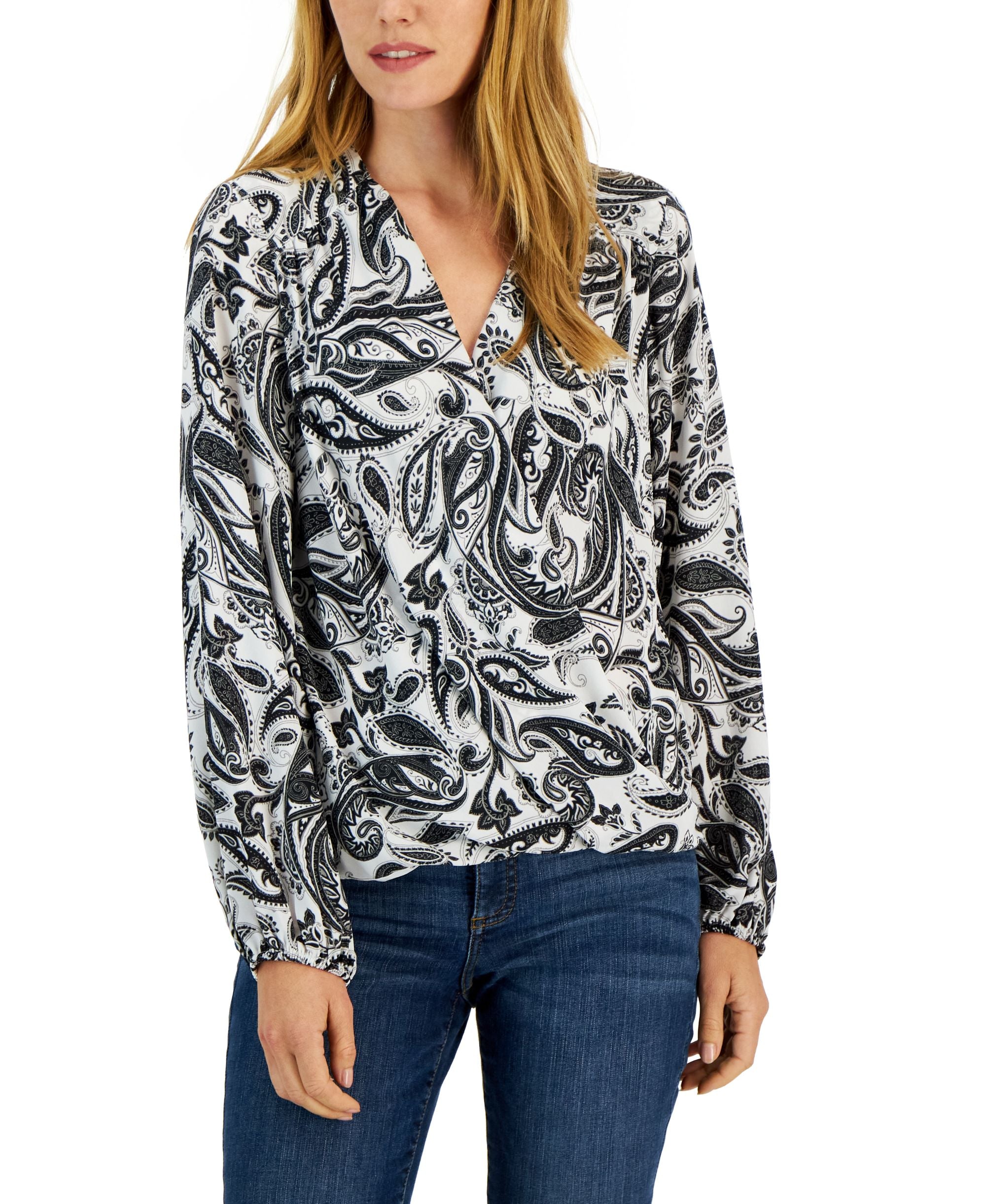 INC International Concepts Womens Printed Volume Sleeve Surplice Top