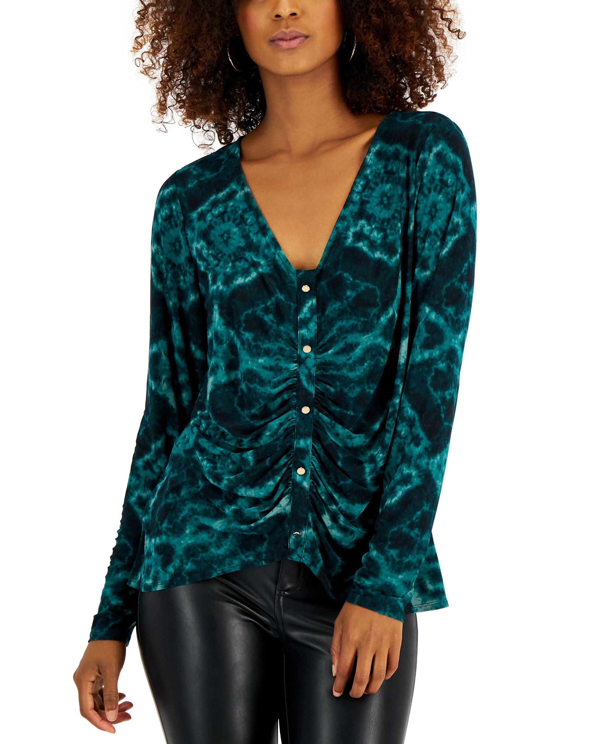INC International Concepts Petite Printed Ruched Front Long Sleeve Top