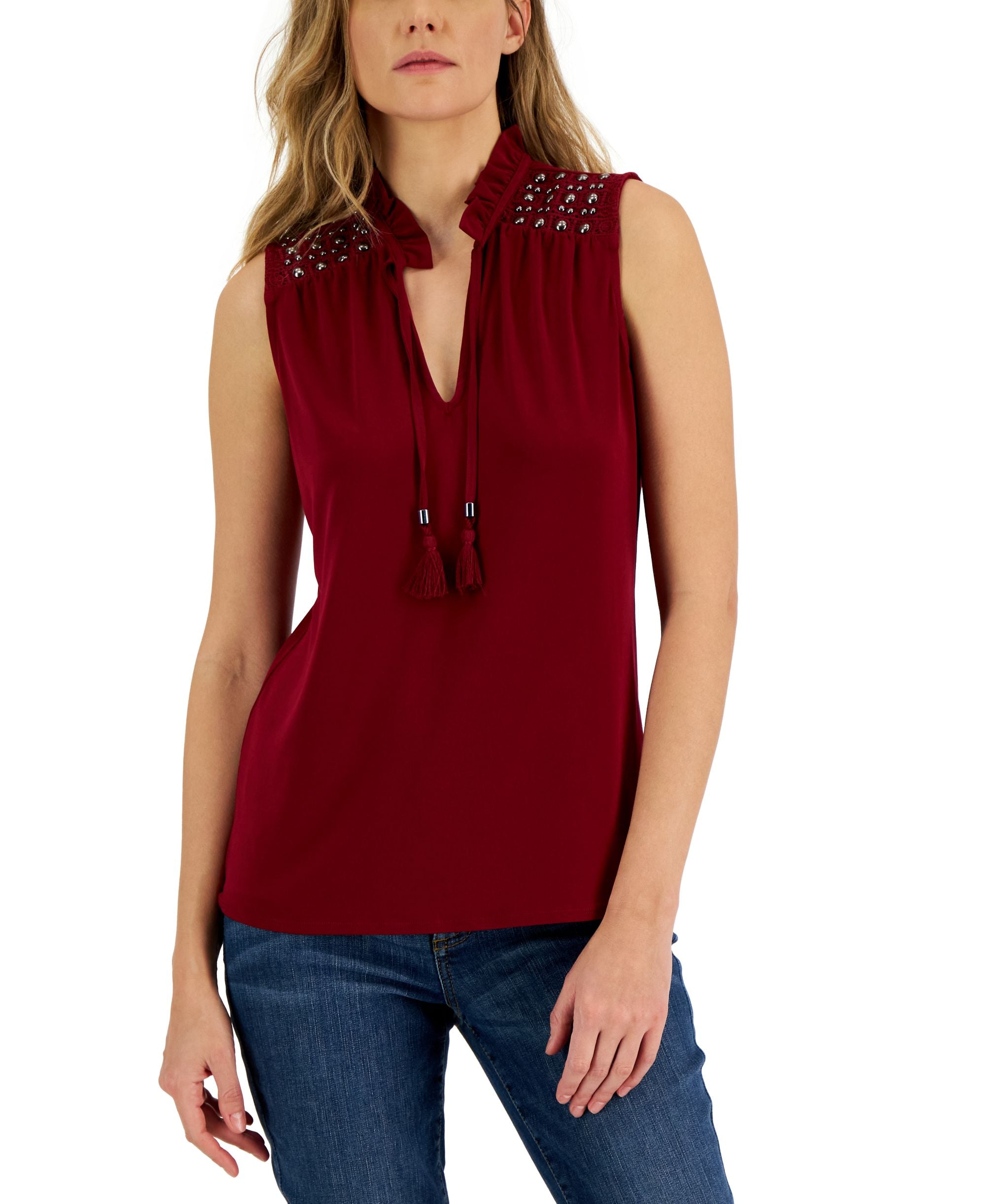 International Concepts Womens Sleeveless Crochet Split Neck Top