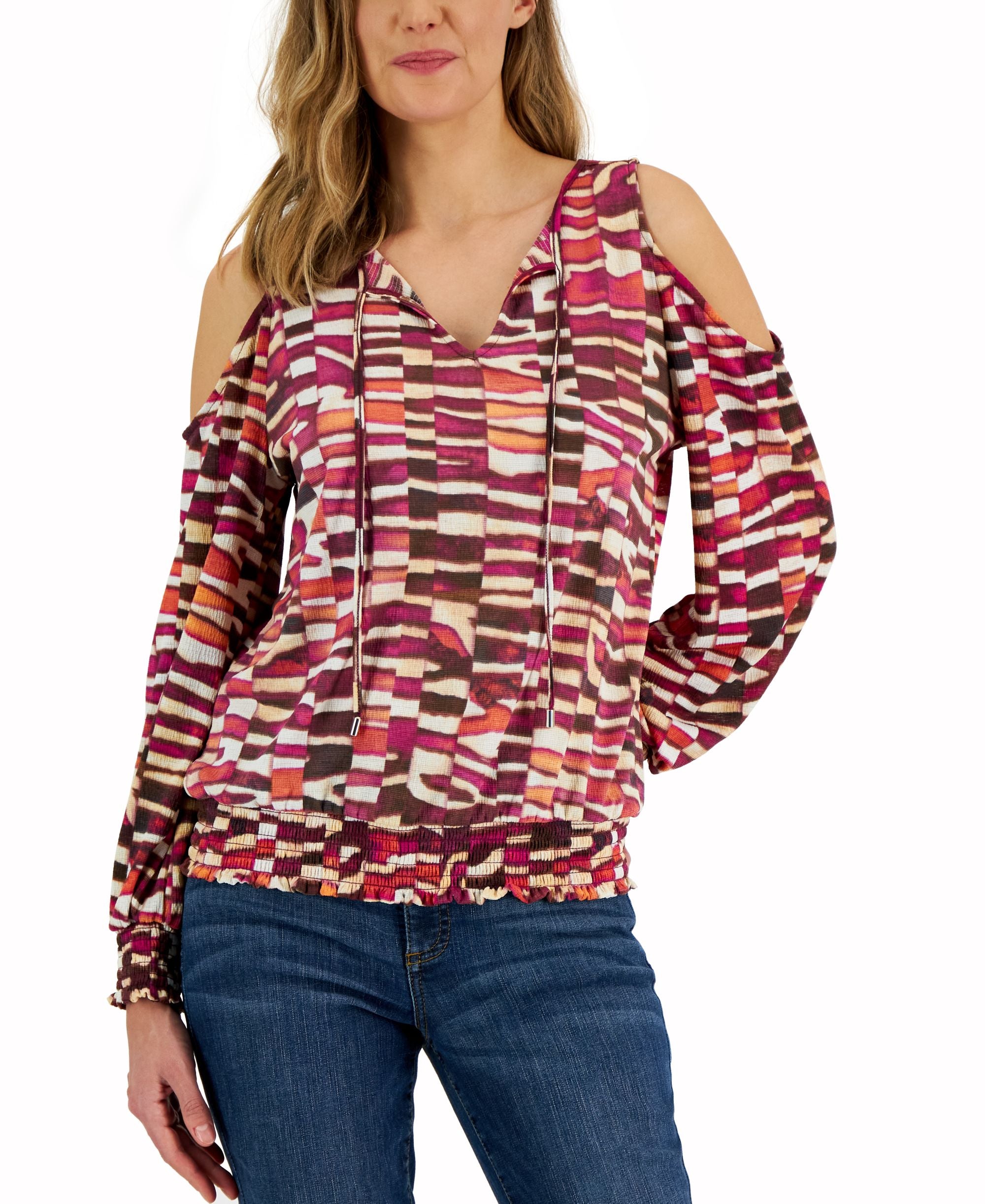 INC International Concepts Womens Printed Cold Shoulder Top