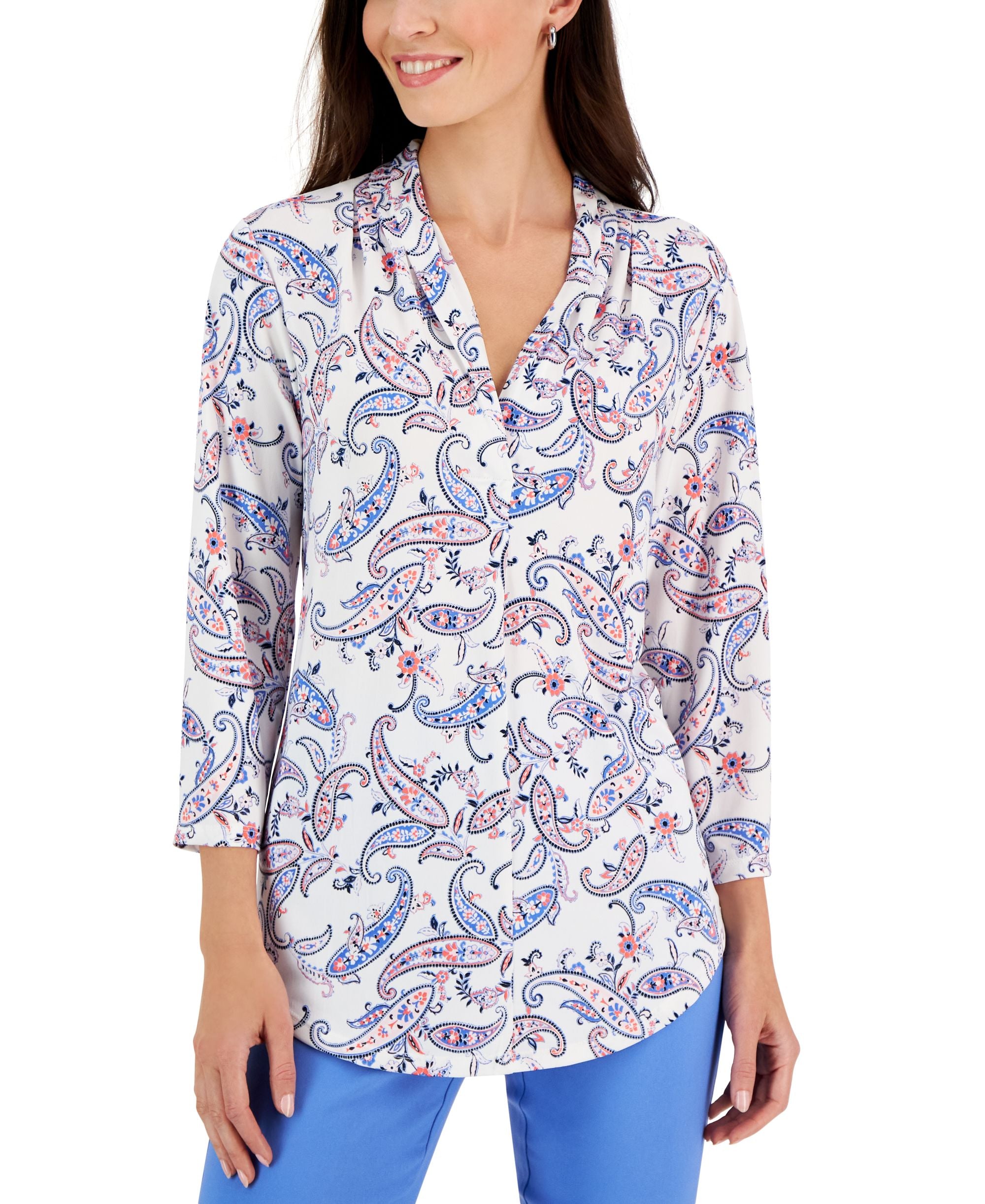 Petite Ruched Paisley-Print 3/4-Sleeve Top
