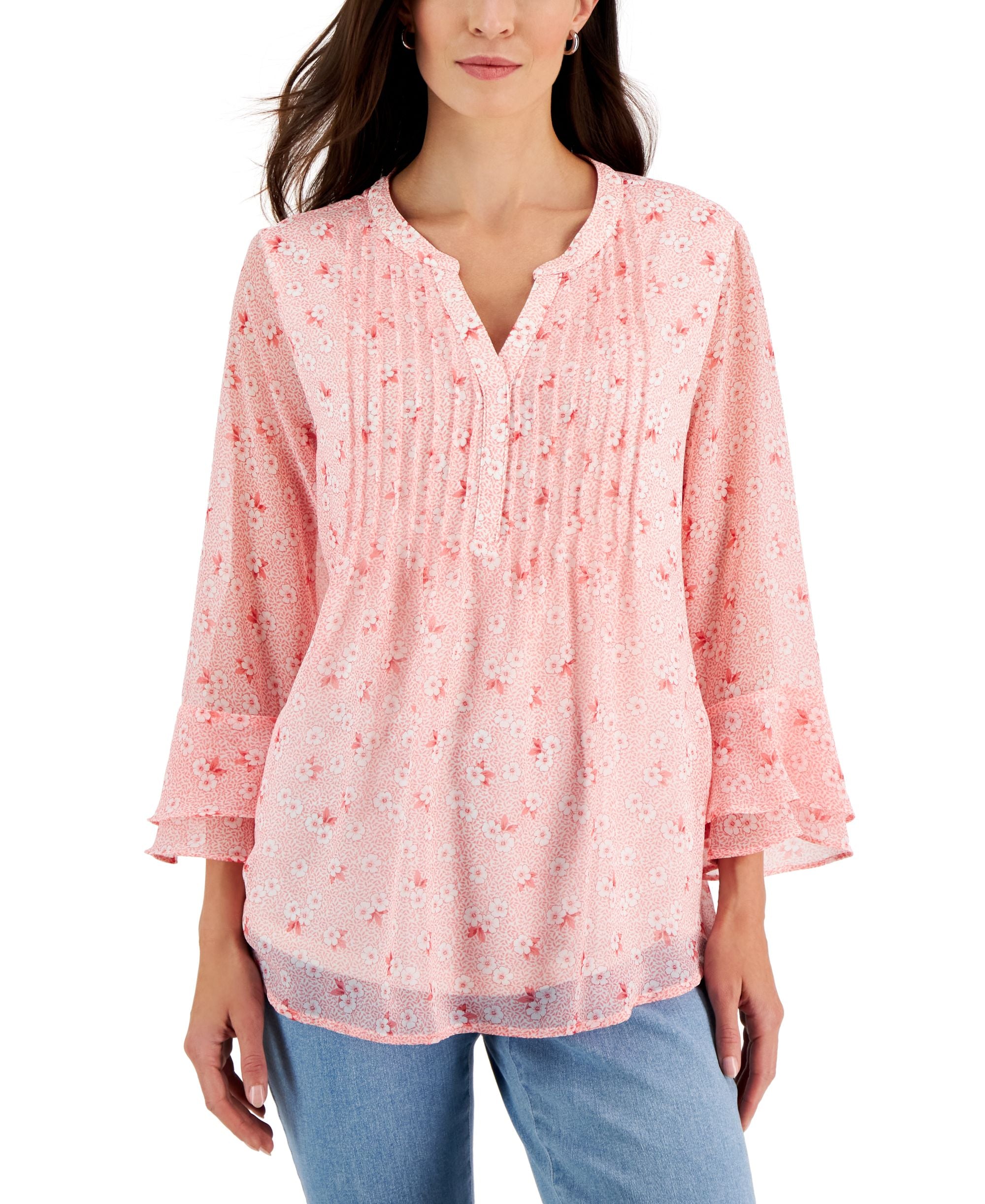 Women's Floral-Print Pintuck Top