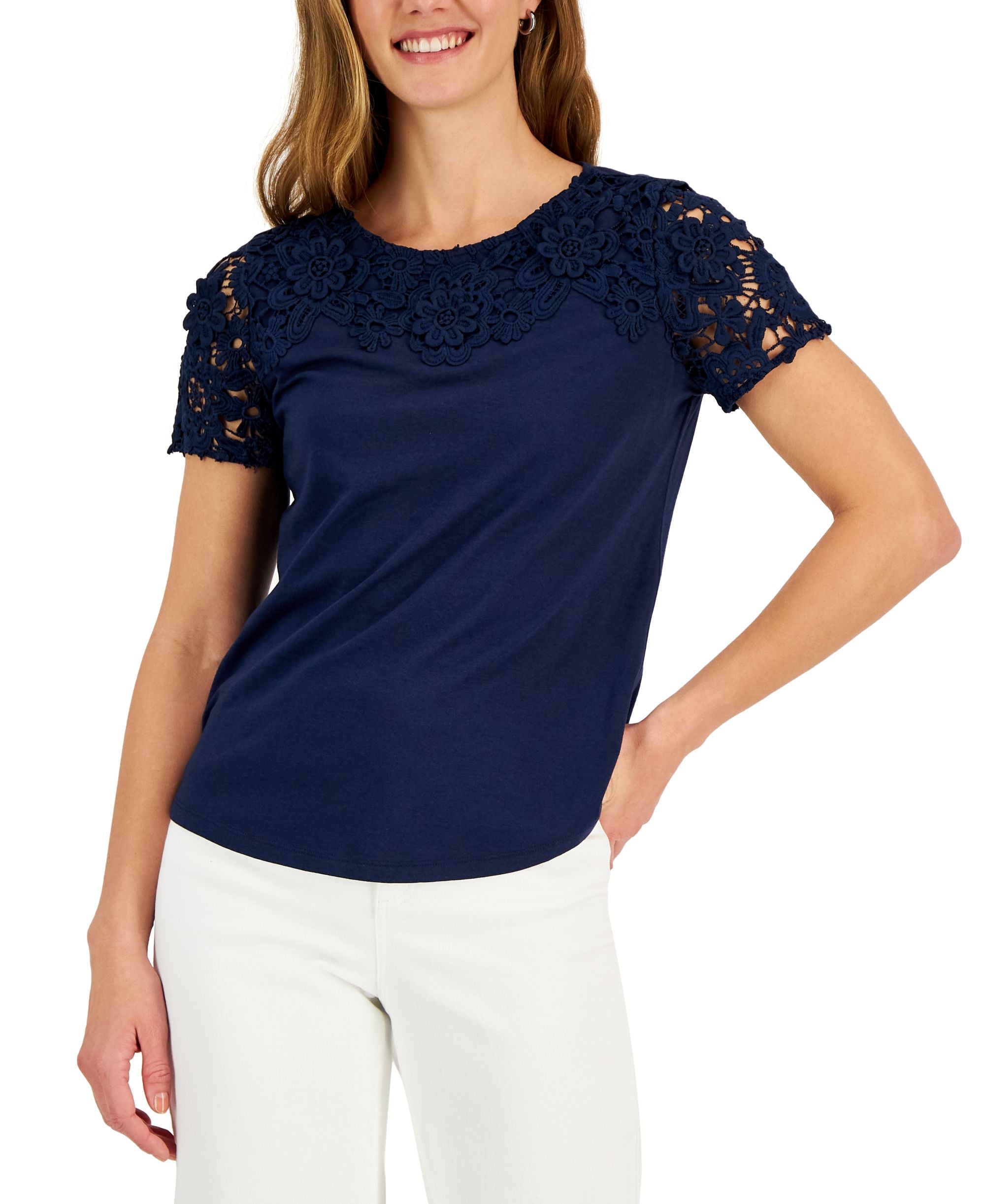 Charter Club Womens Crochet Yoke Short Sleeve Top