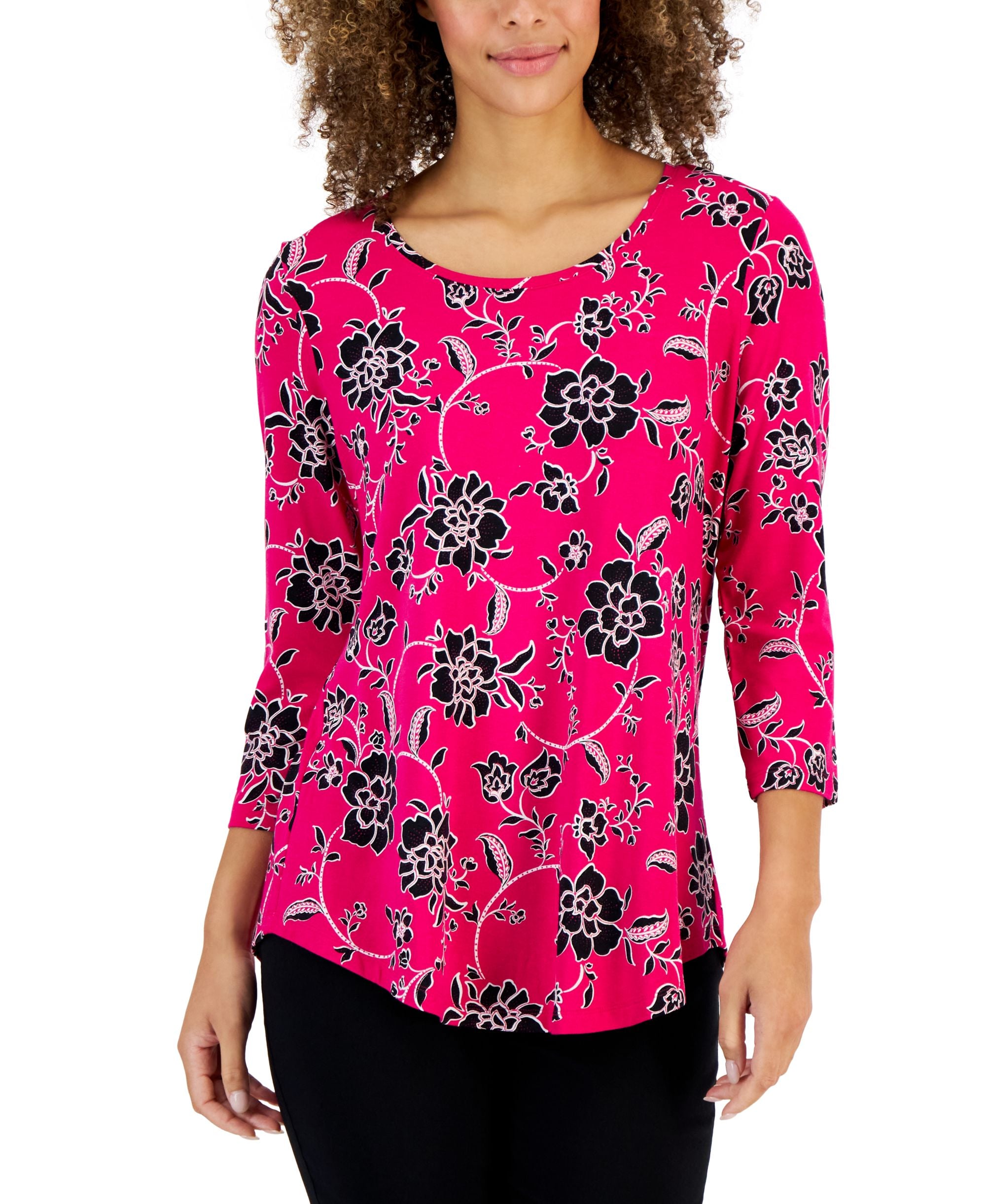 JM Collection Petite Floral-Print 3/4-Sleeve Top