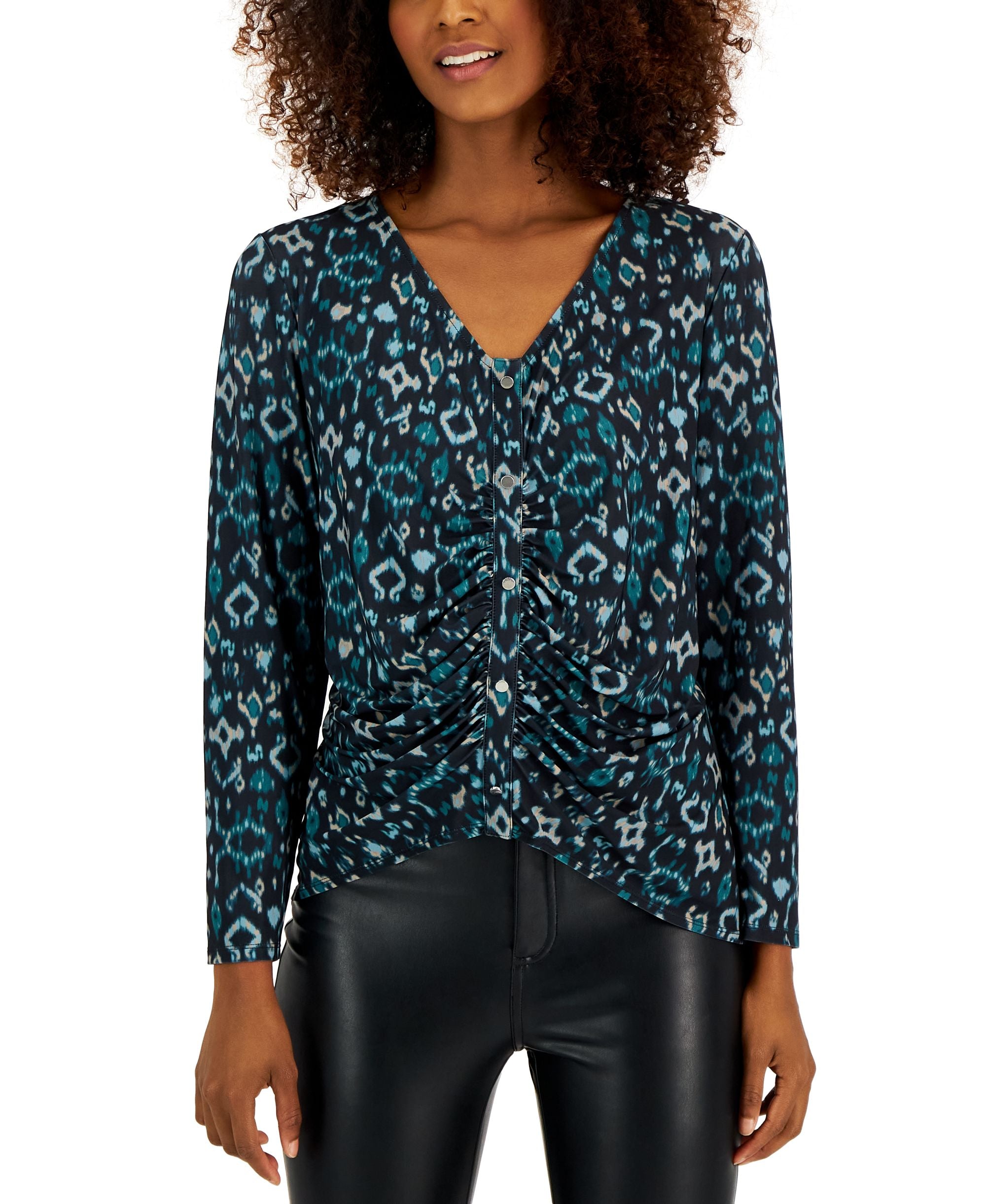 INC International Concepts Petite Printed V Neck Ruched Placket Top