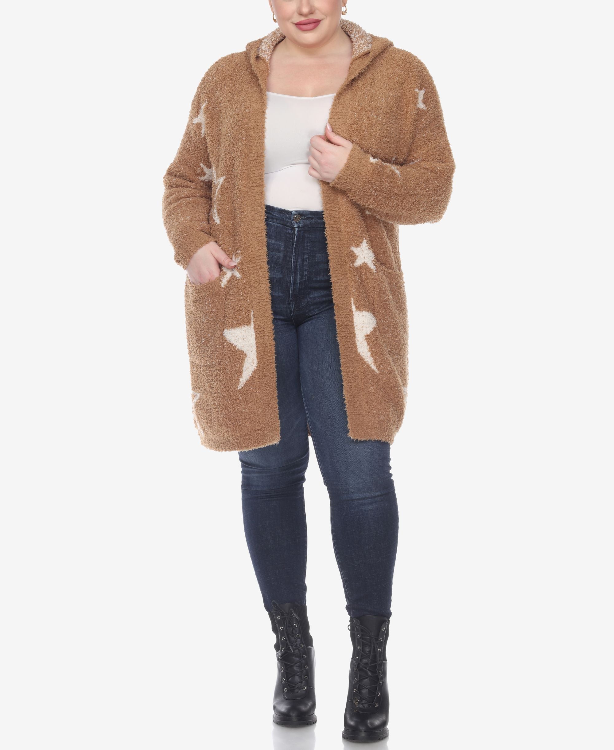 Plus Size Hooded Open Front Sherpa Sweater