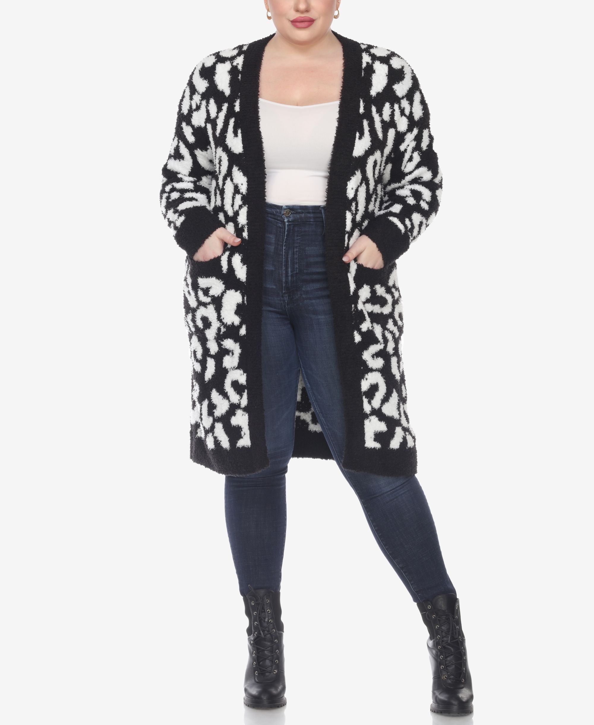 Plus Size Leopard Print Open Front Sherpa Sweater