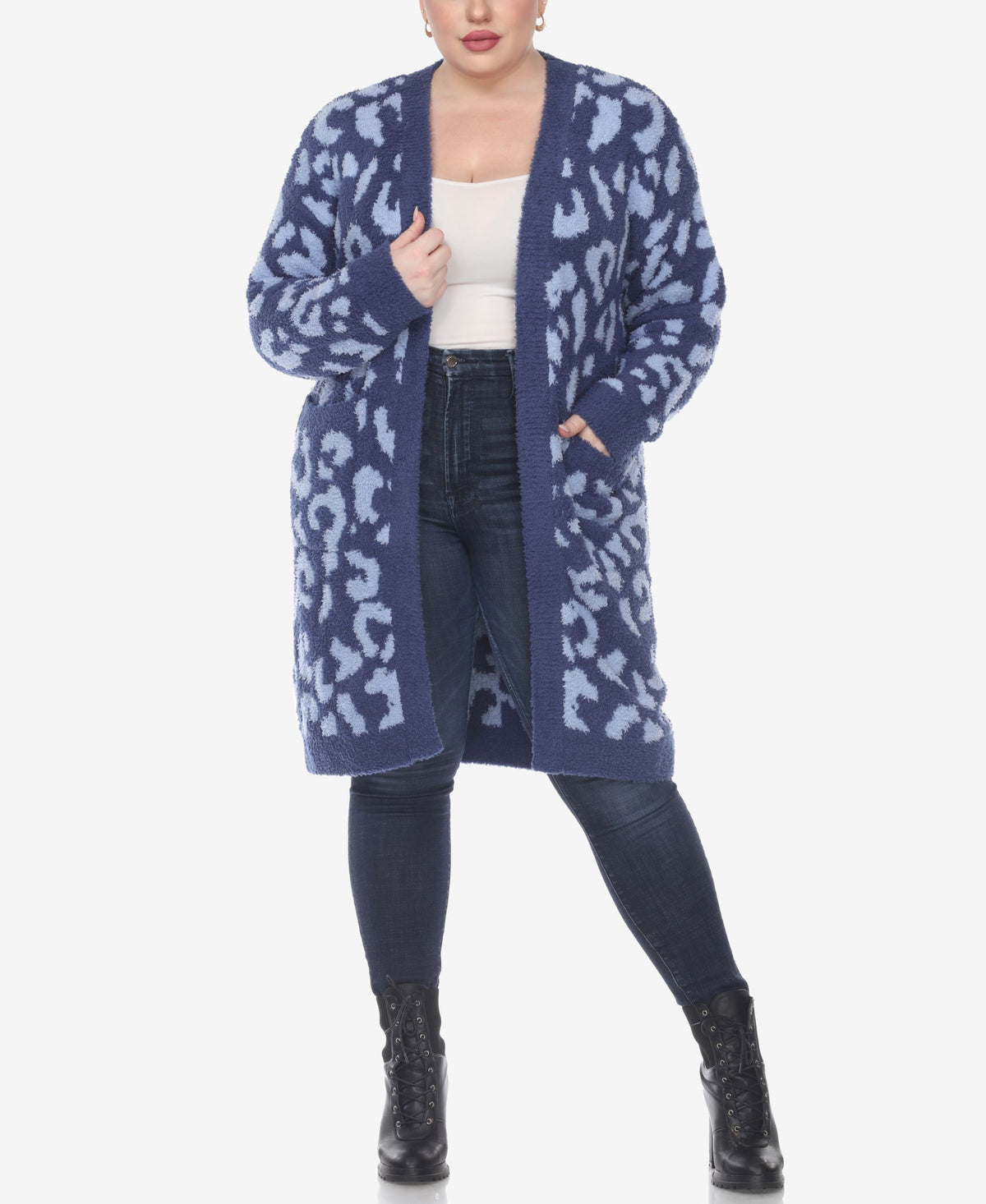 Plus Size Leopard Print Open Front Sherpa Sweater