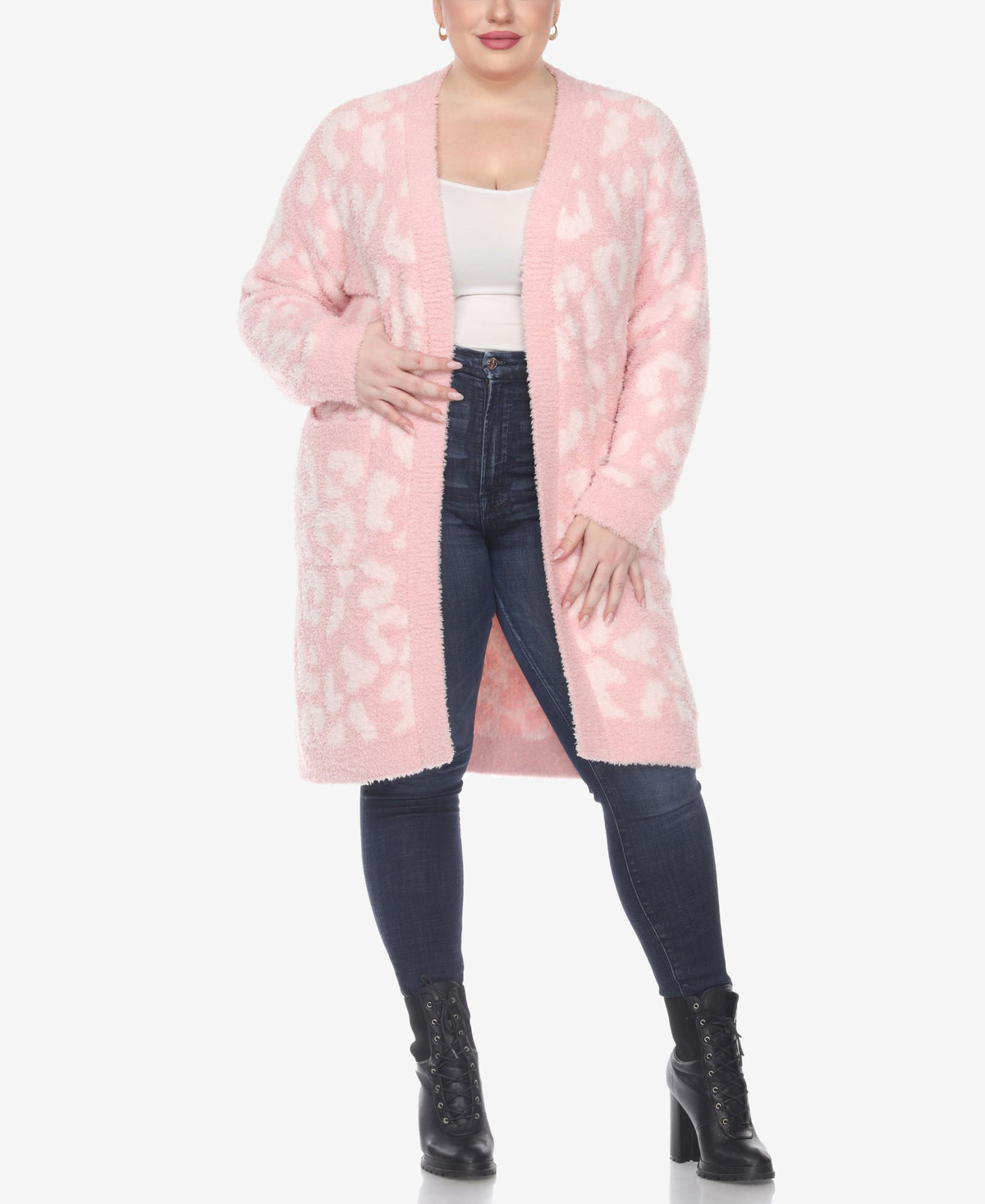 Plus Size Leopard Print Open Front Sherpa Sweater