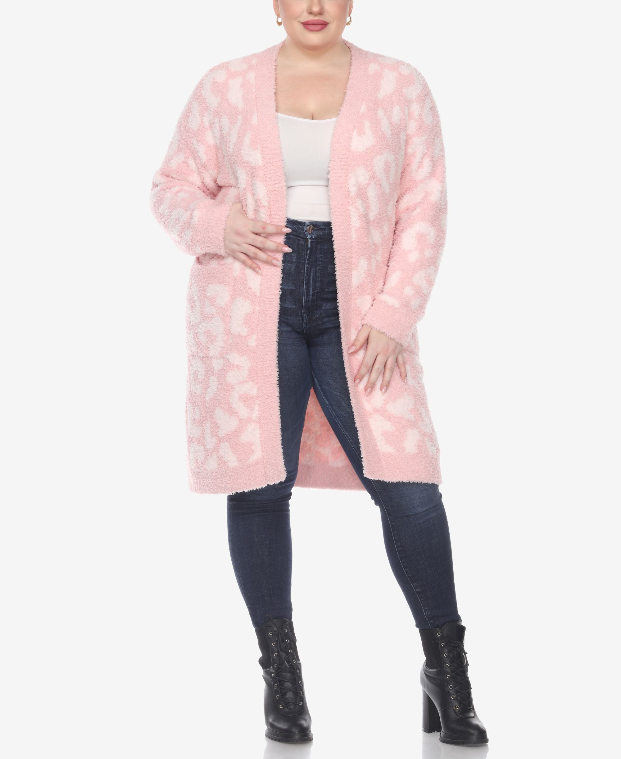 Plus Size Leopard Print Open Front Sherpa Sweater