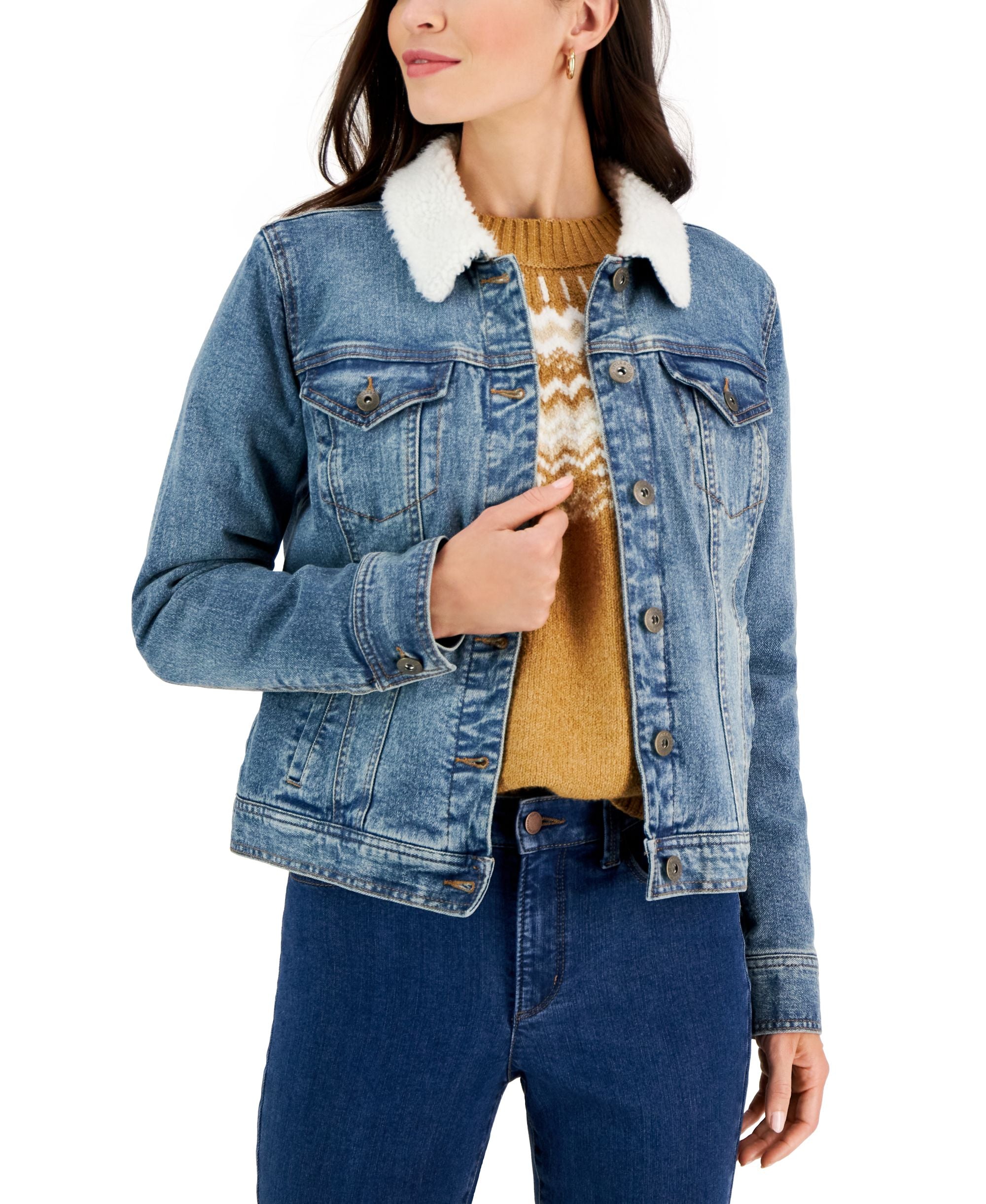Style & Co Womens Sherpa Collar Jean Jacket