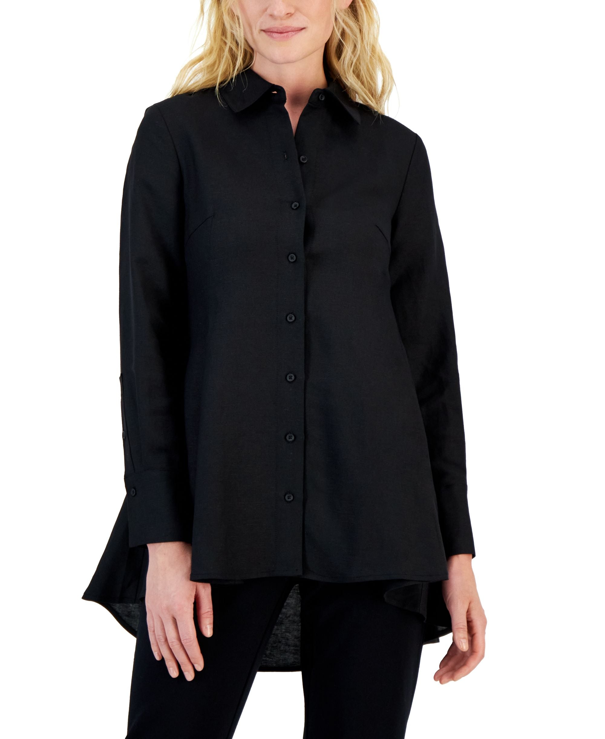 Women's Linen Blend High-Low Button Blouse
