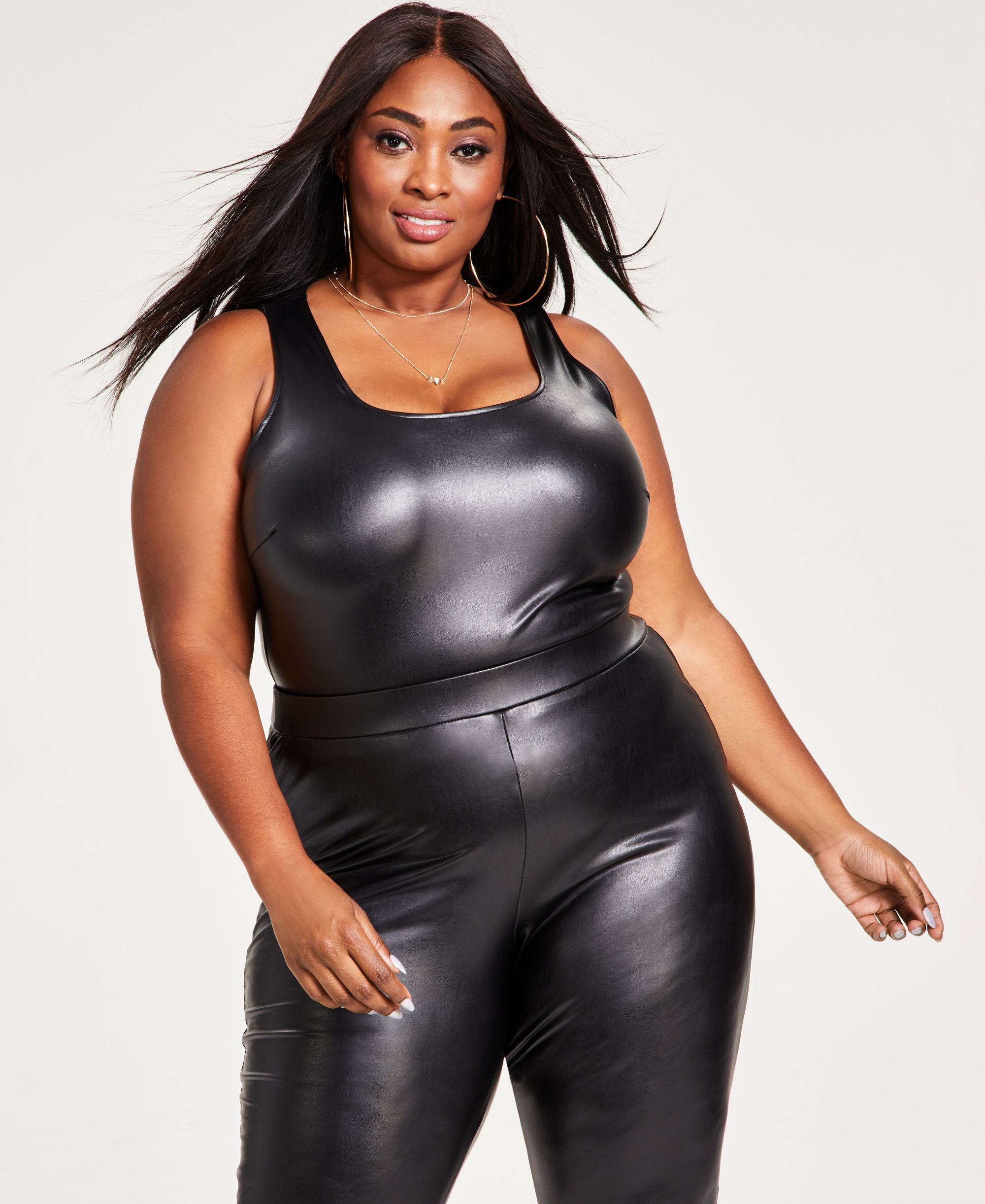 Plus Size Pleather Tank Scoop-Neck Bodysuit