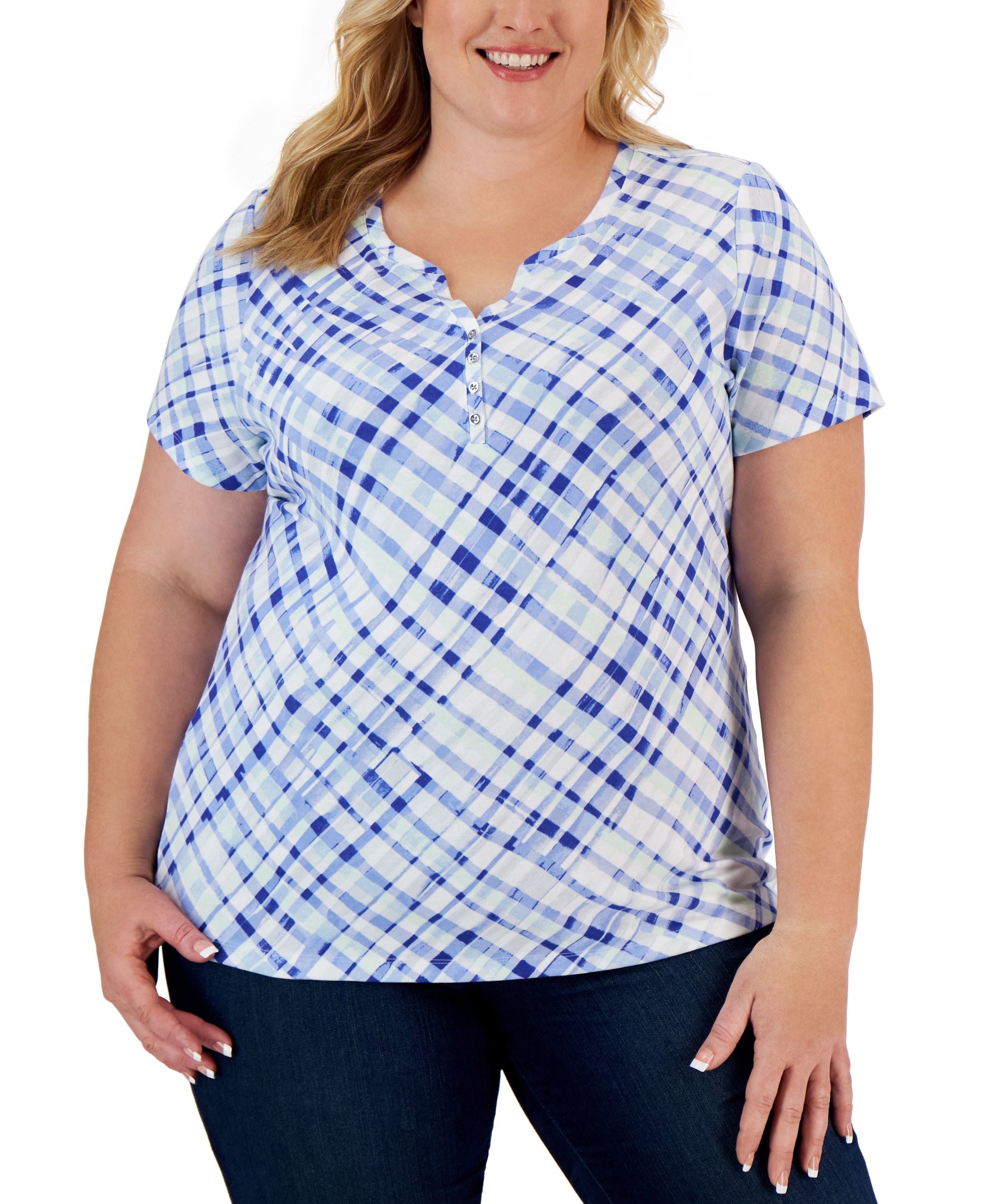 Karen Scott Plus Size Plaid Henley Top