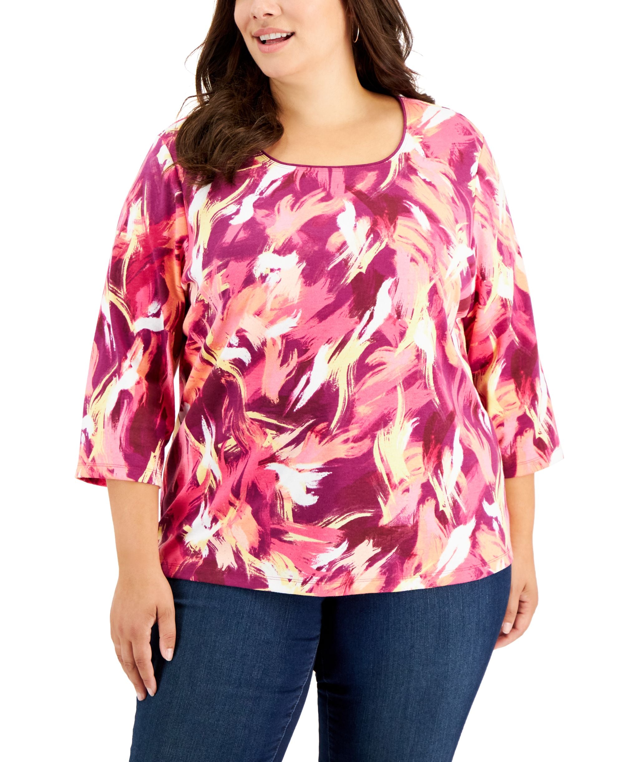 Karen Scott Plus Size Printed 3/4-Sleeve Scoop-Neck Top