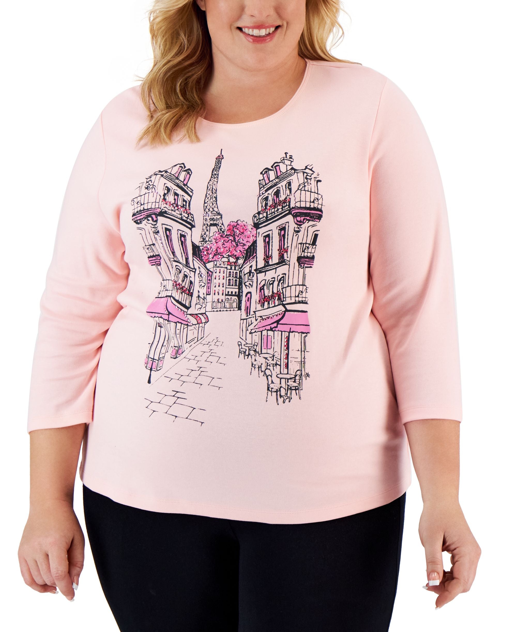 Karen Scott Plus Size Paris Corner 3/4 Sleeve Top