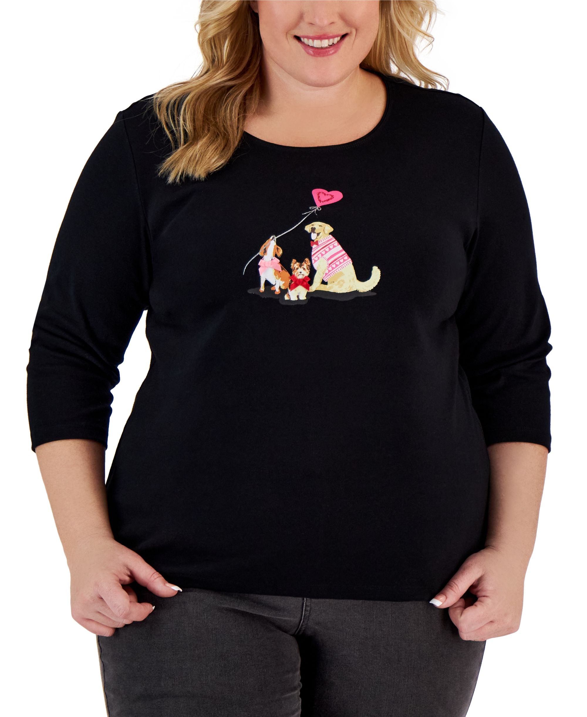 Karen Scott Plus Size Puppy Love 3/4 Sleeve Top