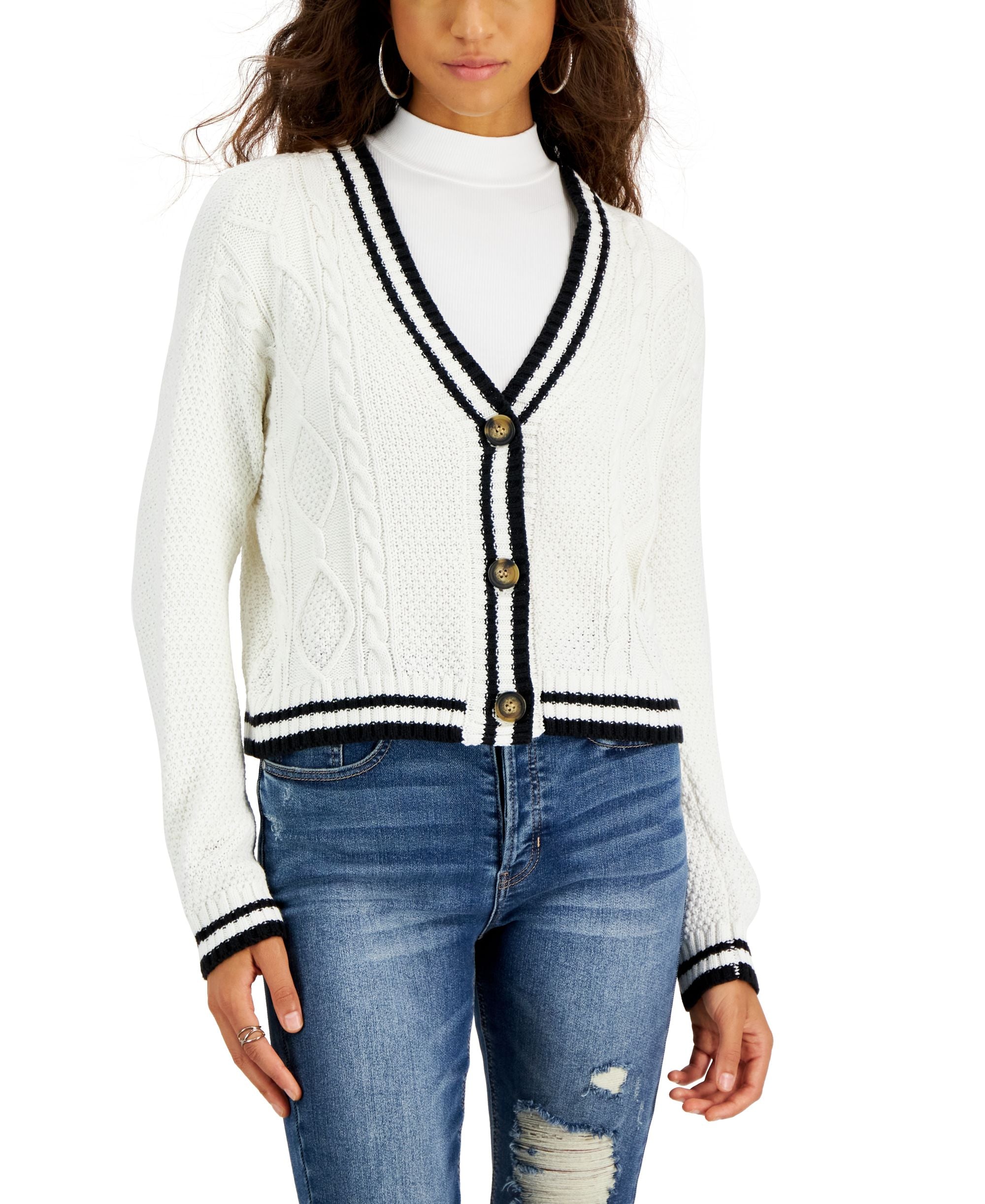Juniors' Long Sleeve Cable-Knit Button-Front Sweater