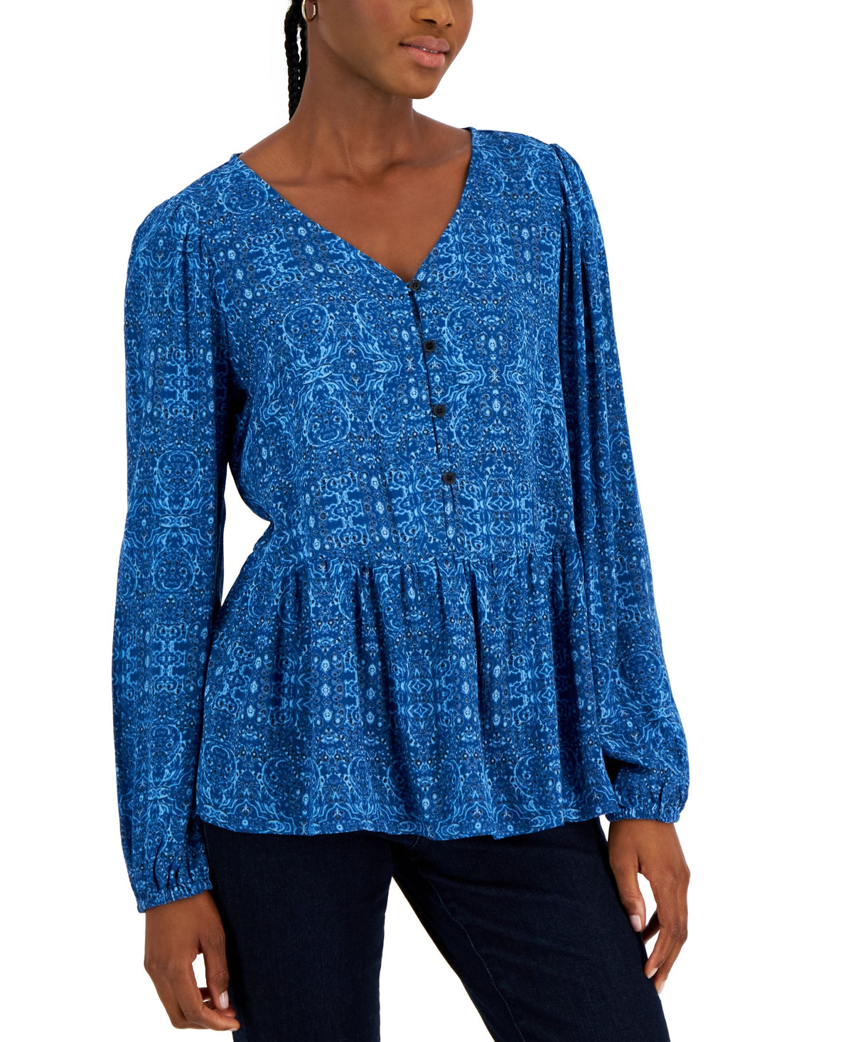 Women's Printed V-Neck Peasant Top