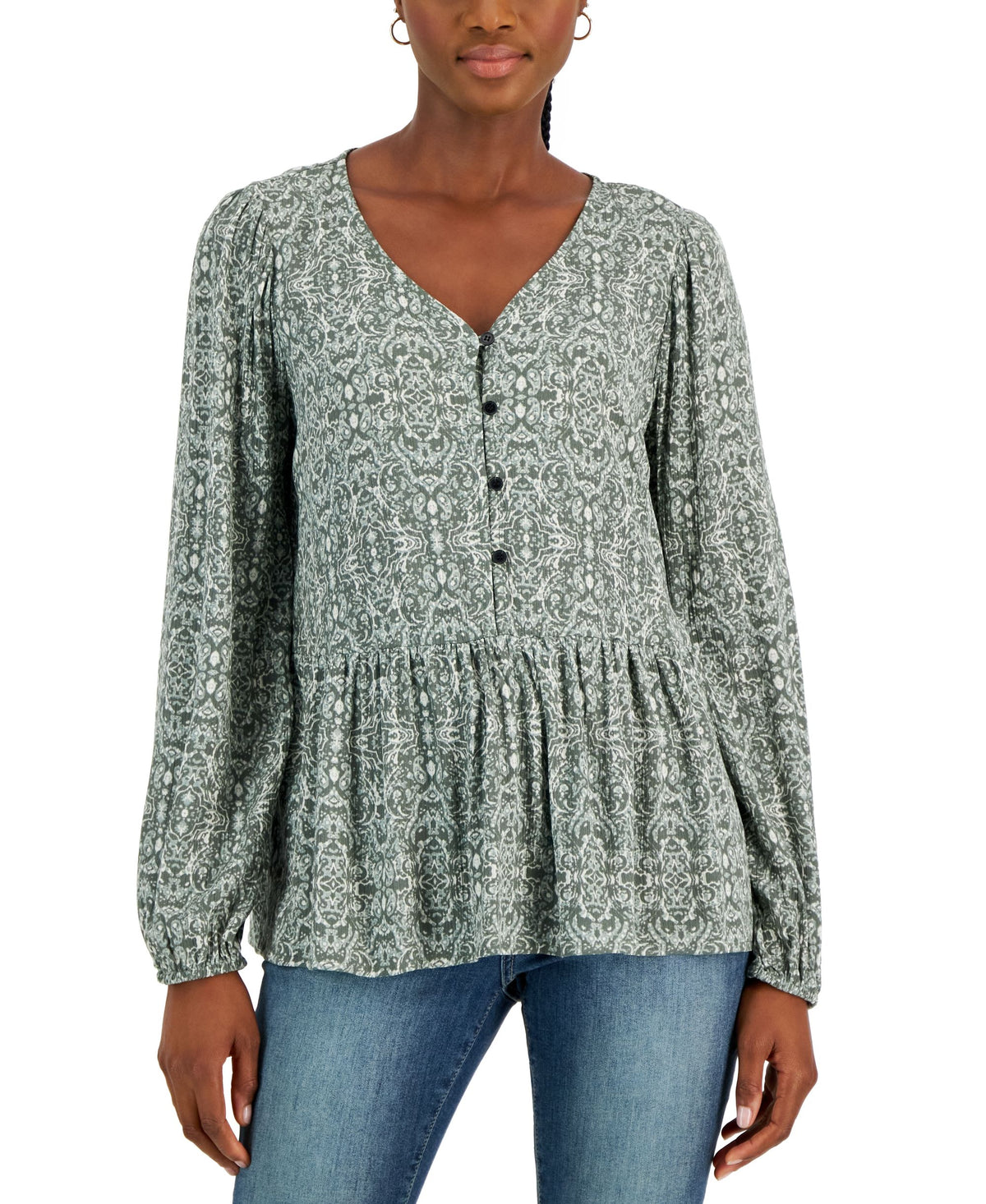 Women's Printed V-Neck Peasant Top