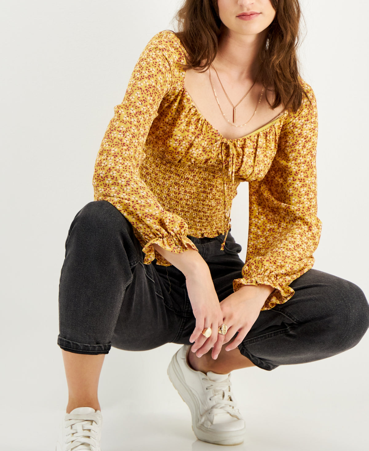 Juniors' Sweetheart-Neck Smocked Top